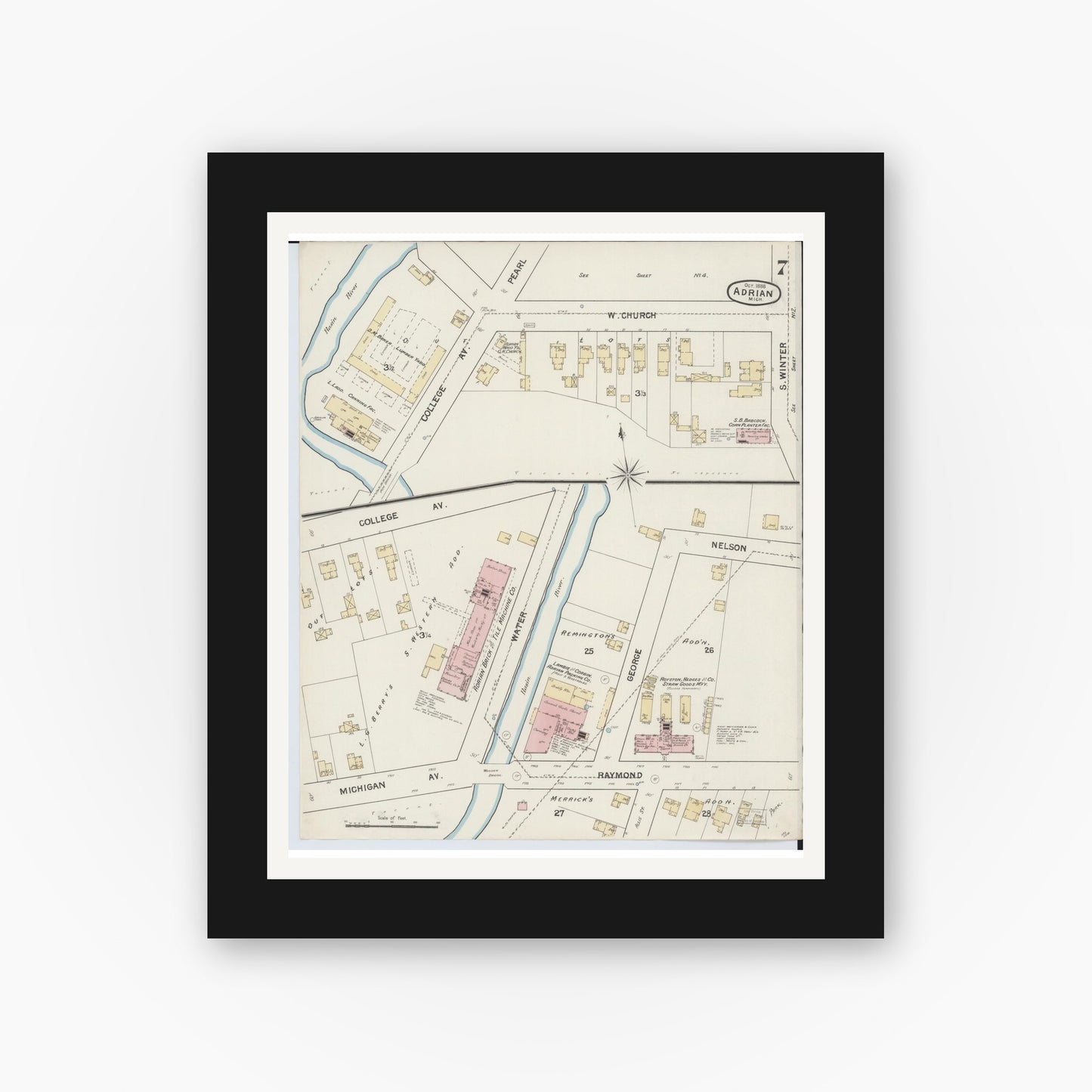 Old map wall art mockup — black gallery frame with white mat — Sanborn Fire Insurance Map from Adrian, Lenawee County, Michigan (1888), Sheet #0007