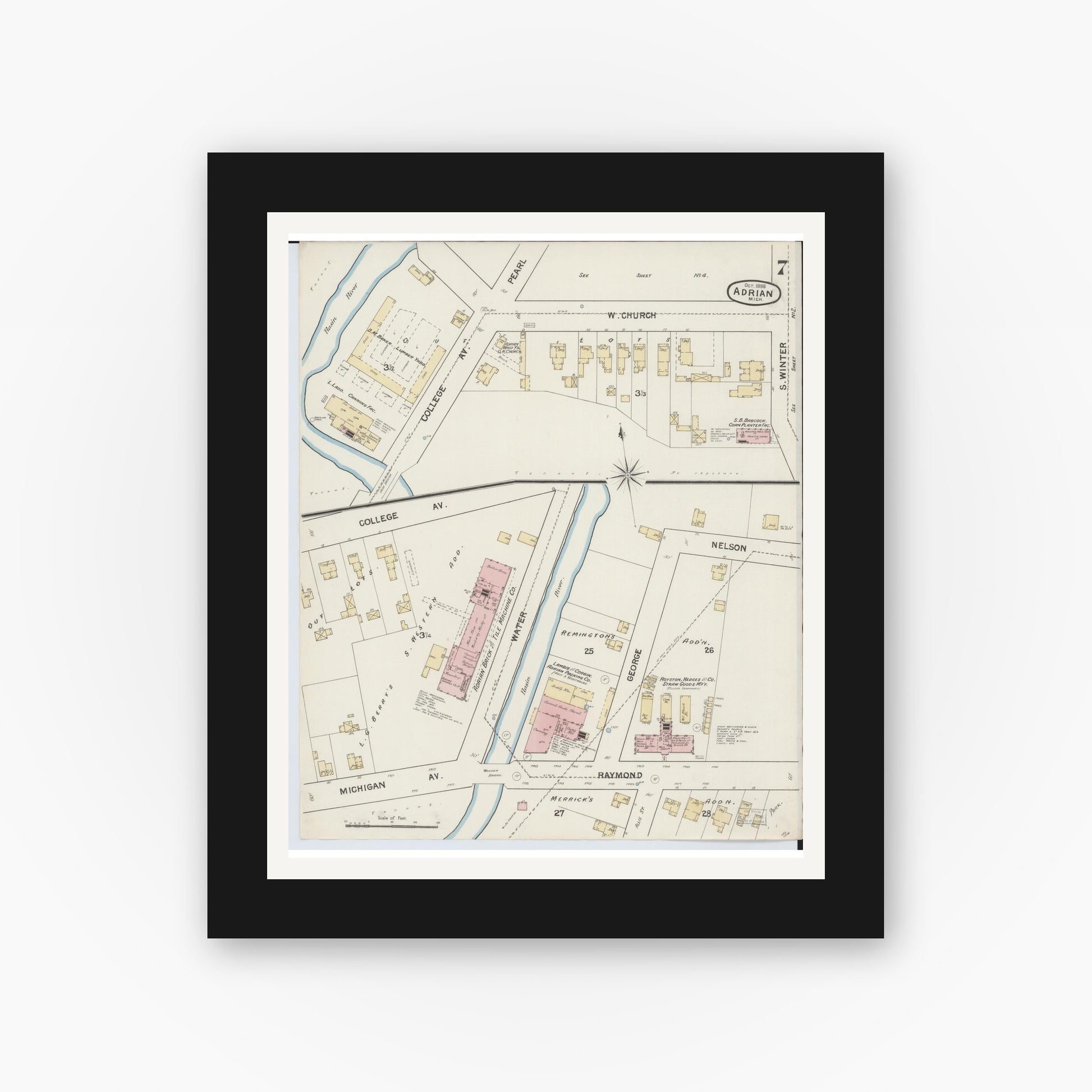 Old map wall art mockup — black gallery frame with white mat — Sanborn Fire Insurance Map from Adrian, Lenawee County, Michigan (1888), Sheet #0007