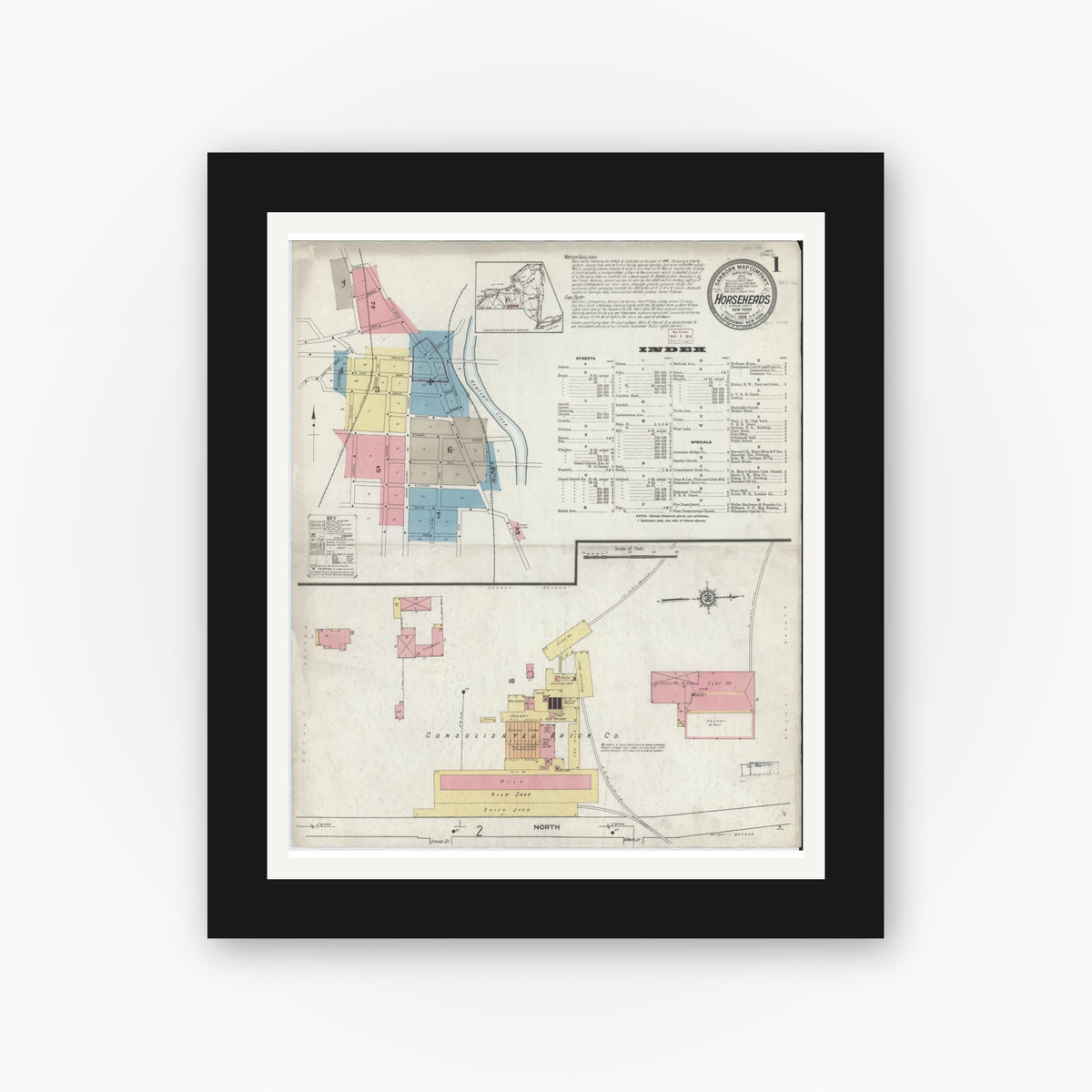 Old map wall art mockup — black gallery frame with white mat — Sanborn Fire Insurance Map from Horseheads, Chemung County, New York (1914), Sheet #0001