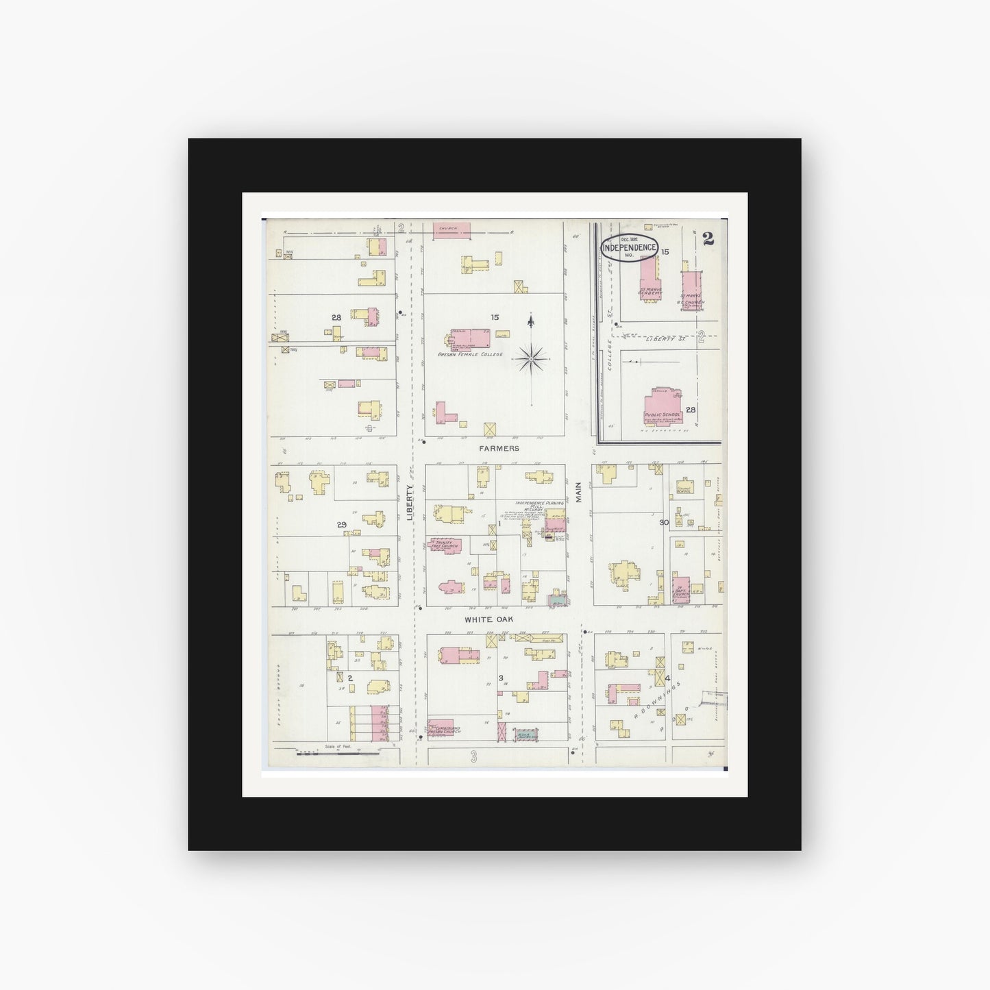 Old map wall art mockup — black gallery frame with white mat — Sanborn Fire Insurance Map from Independence, Jackson County, Missouri (1892), Sheet #0002