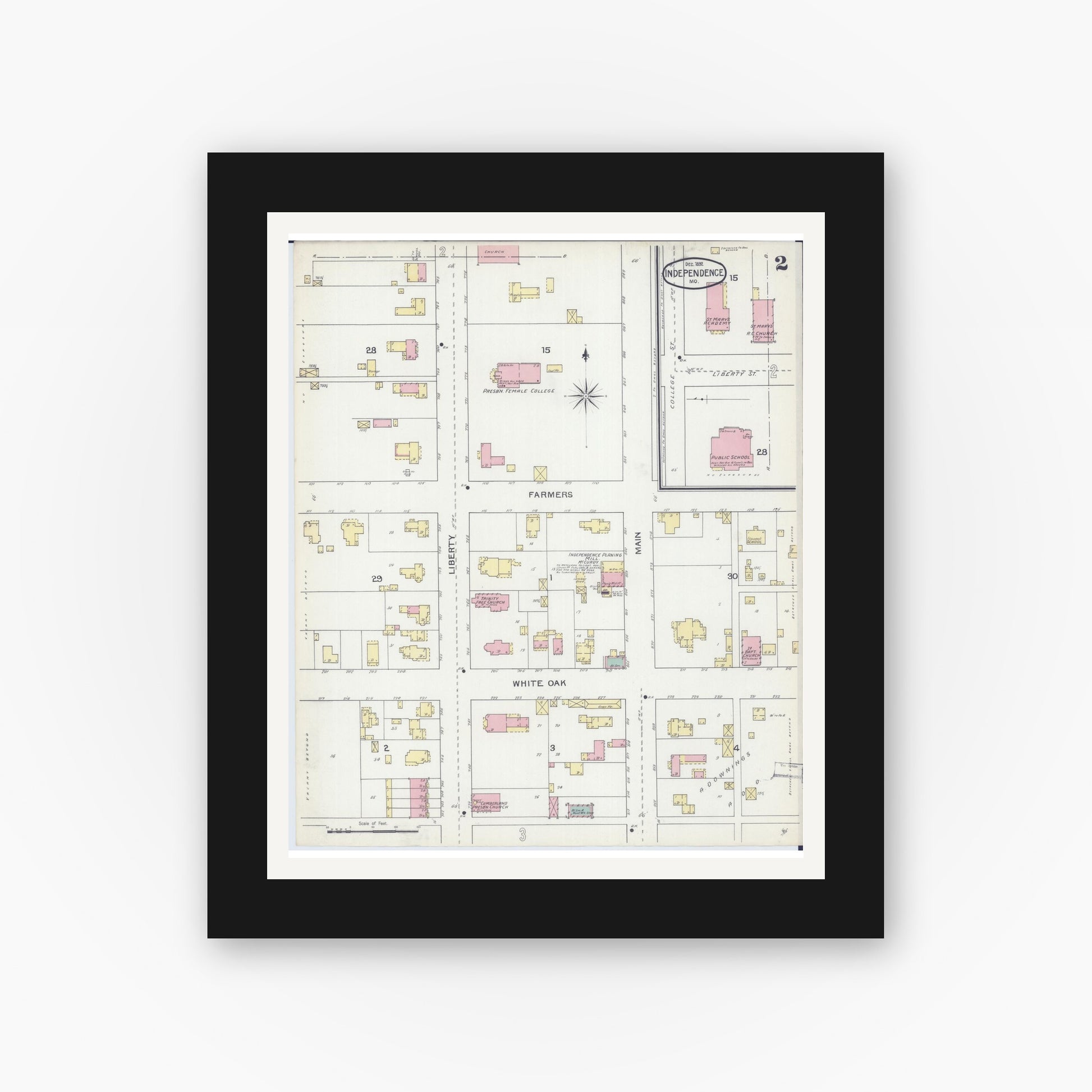 Old map wall art mockup — black gallery frame with white mat — Sanborn Fire Insurance Map from Independence, Jackson County, Missouri (1892), Sheet #0002