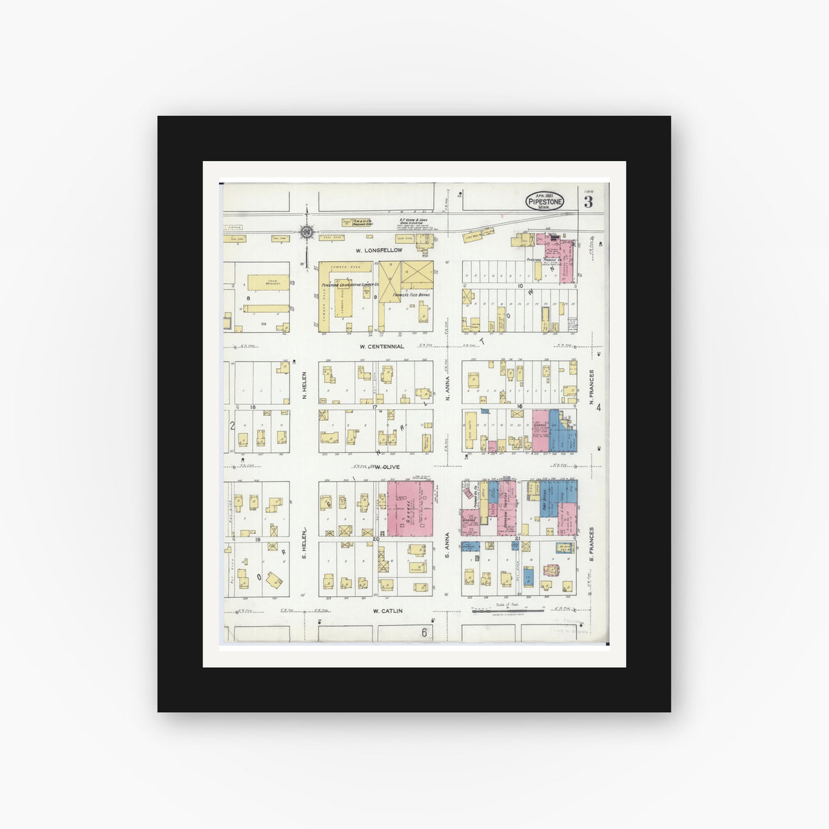 Old map wall art mockup — black gallery frame with white mat — Sanborn Fire Insurance Map from Pipestone, Pipestone County, Minnesota (1921), Sheet #0003