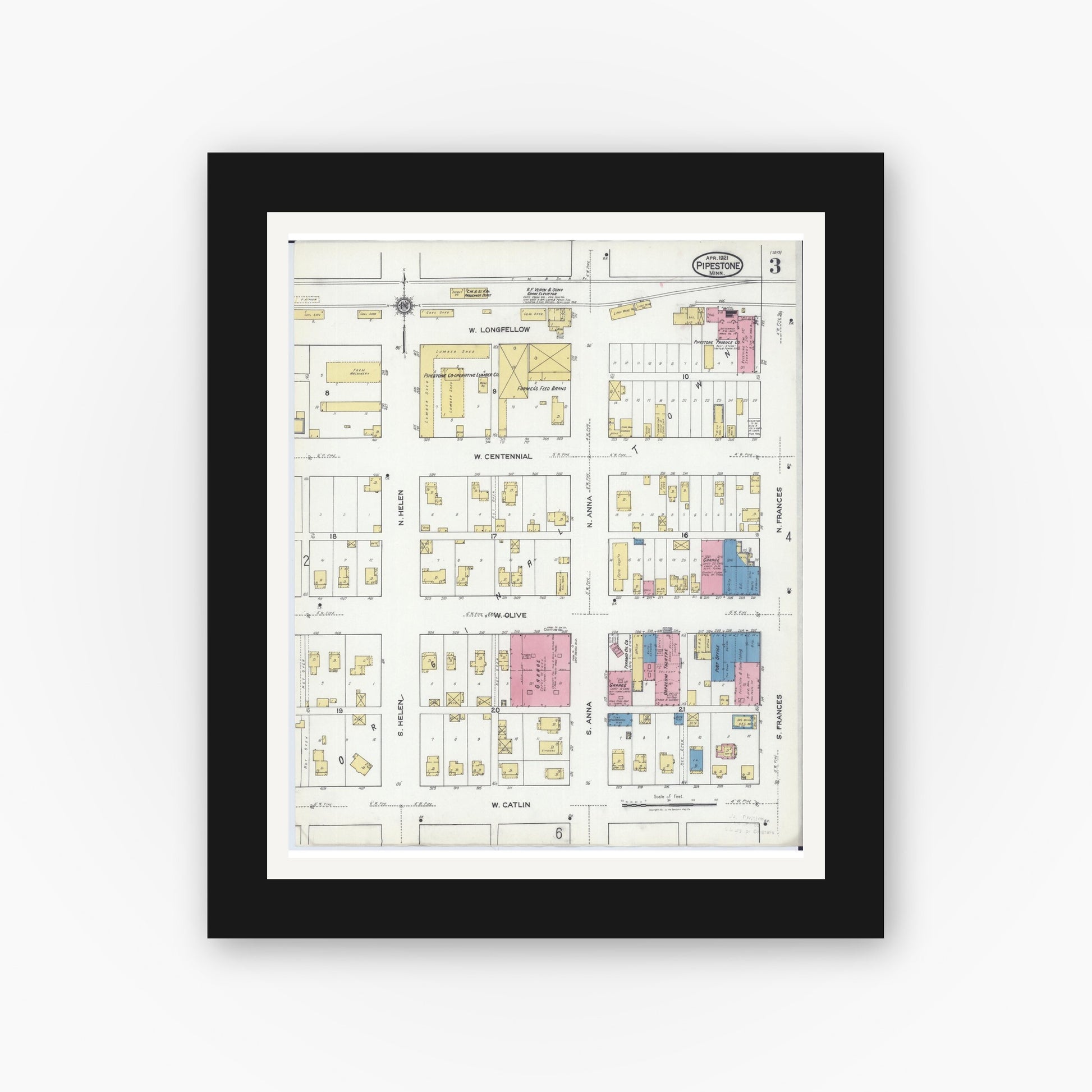 Old map wall art mockup — black gallery frame with white mat — Sanborn Fire Insurance Map from Pipestone, Pipestone County, Minnesota (1921), Sheet #0003