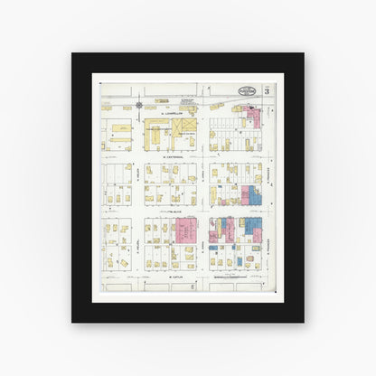 Old map wall art mockup — black gallery frame with white mat — Sanborn Fire Insurance Map from Pipestone, Pipestone County, Minnesota (1921), Sheet #0003