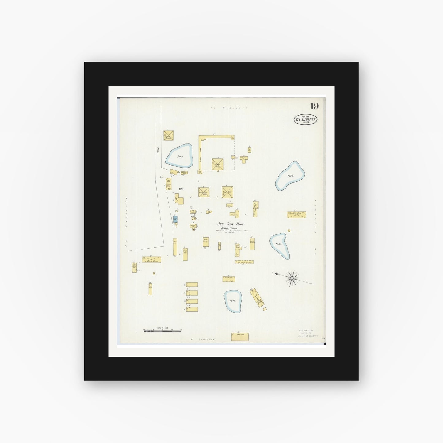 Old map wall art mockup — black gallery frame with white mat — Sanborn Fire Insurance Map from Stillwater, Washington County, Minnesota (1898), Sheet #0019