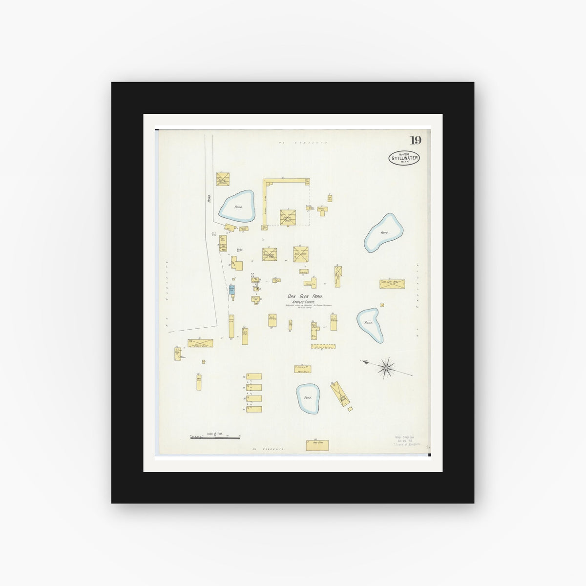 Old map wall art mockup — black gallery frame with white mat — Sanborn Fire Insurance Map from Stillwater, Washington County, Minnesota (1898), Sheet #0019