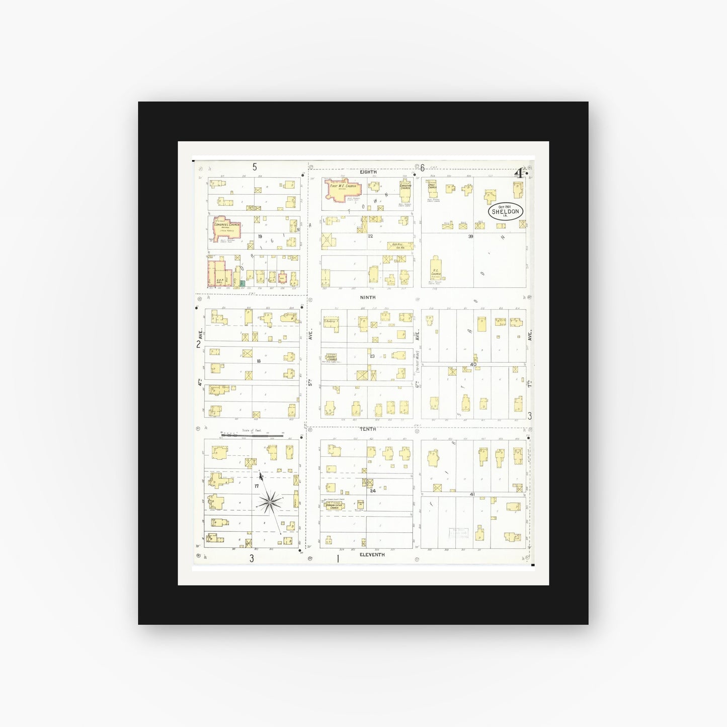 Old map wall art mockup — black gallery frame with white mat — Sanborn Fire Insurance Map from Sheldon, O'Brien County, Iowa (1901), Sheet #0004