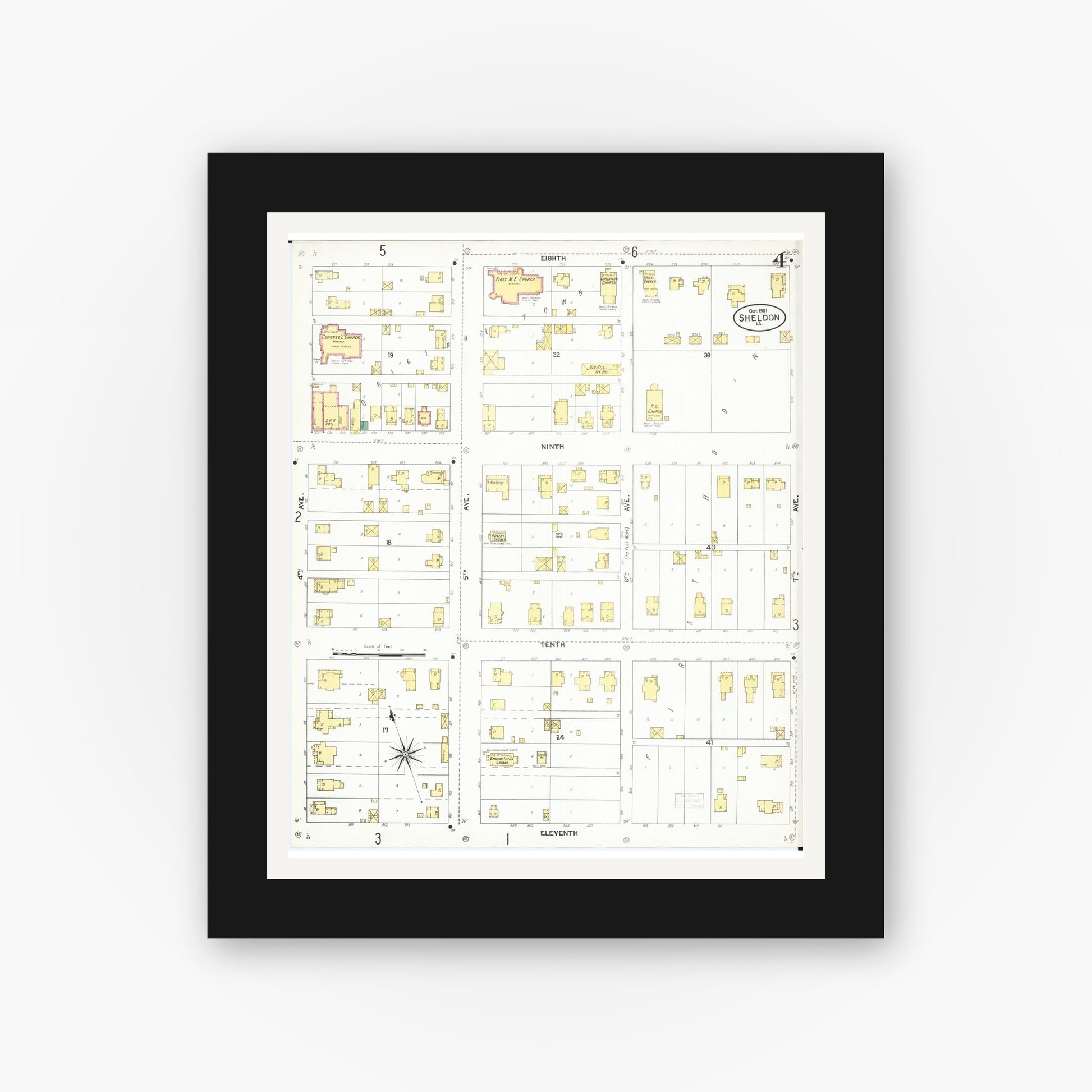 Old map wall art mockup — black gallery frame with white mat — Sanborn Fire Insurance Map from Sheldon, O'Brien County, Iowa (1901), Sheet #0004