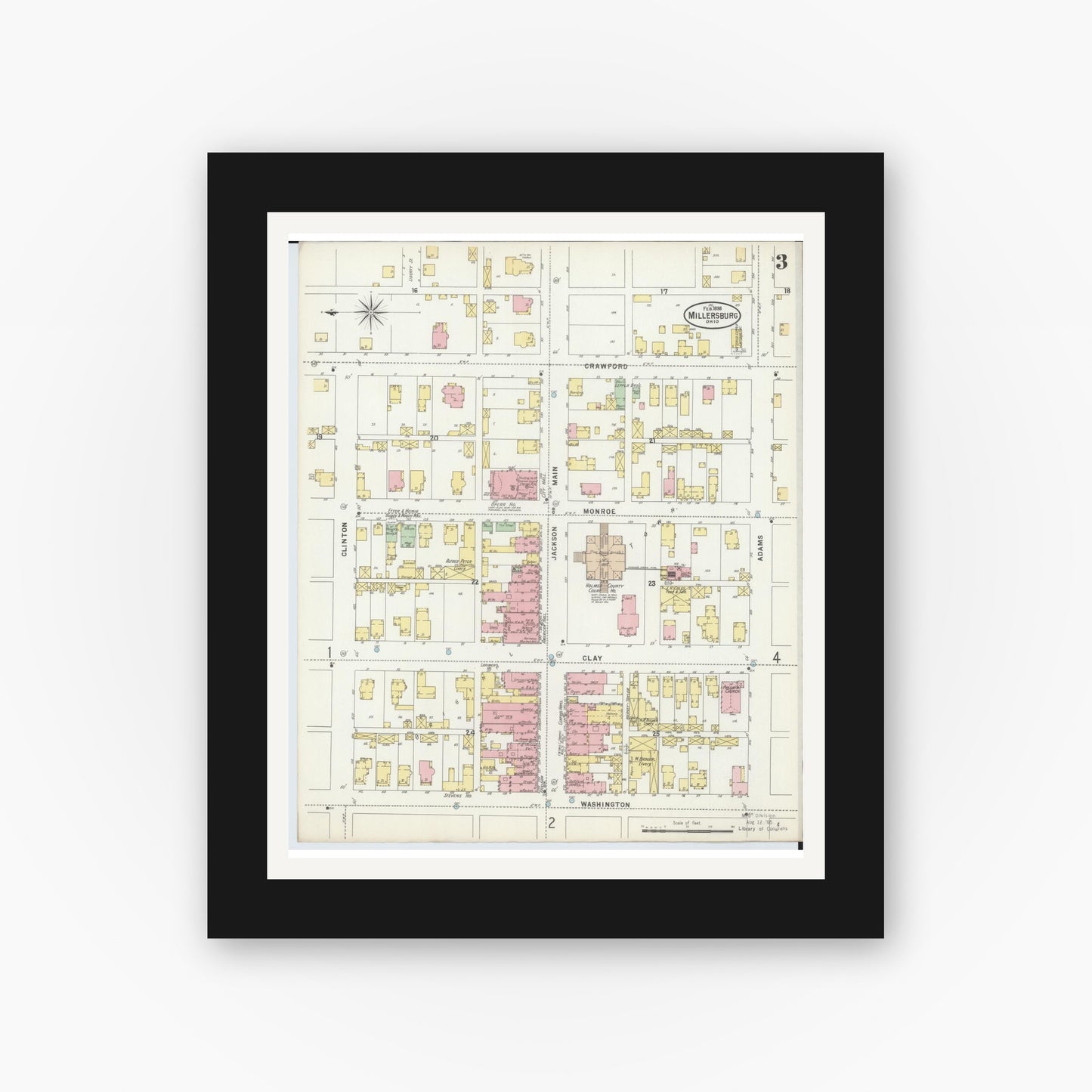 Old map wall art mockup — black gallery frame with white mat — Sanborn Fire Insurance Map from Millersburg, Holmes County, Ohio (1898), Sheet #0003