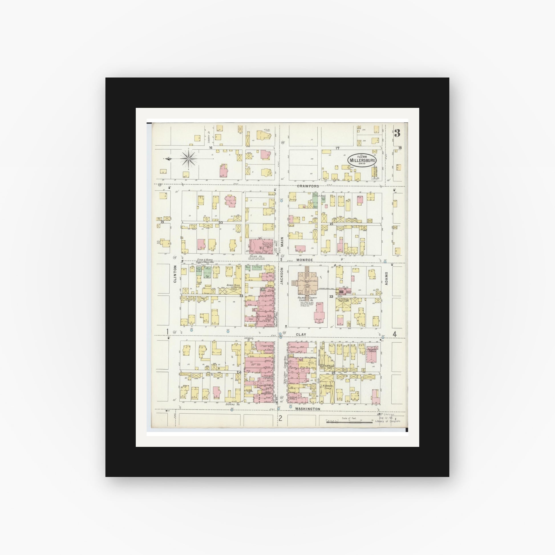 Old map wall art mockup — black gallery frame with white mat — Sanborn Fire Insurance Map from Millersburg, Holmes County, Ohio (1898), Sheet #0003