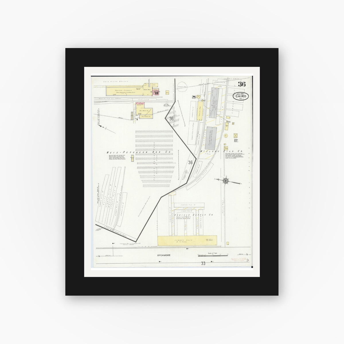 Old map wall art mockup — black gallery frame with white mat — Sanborn Fire Insurance Map from Cairo, Alexander County, Illinois (1914), Sheet #0036