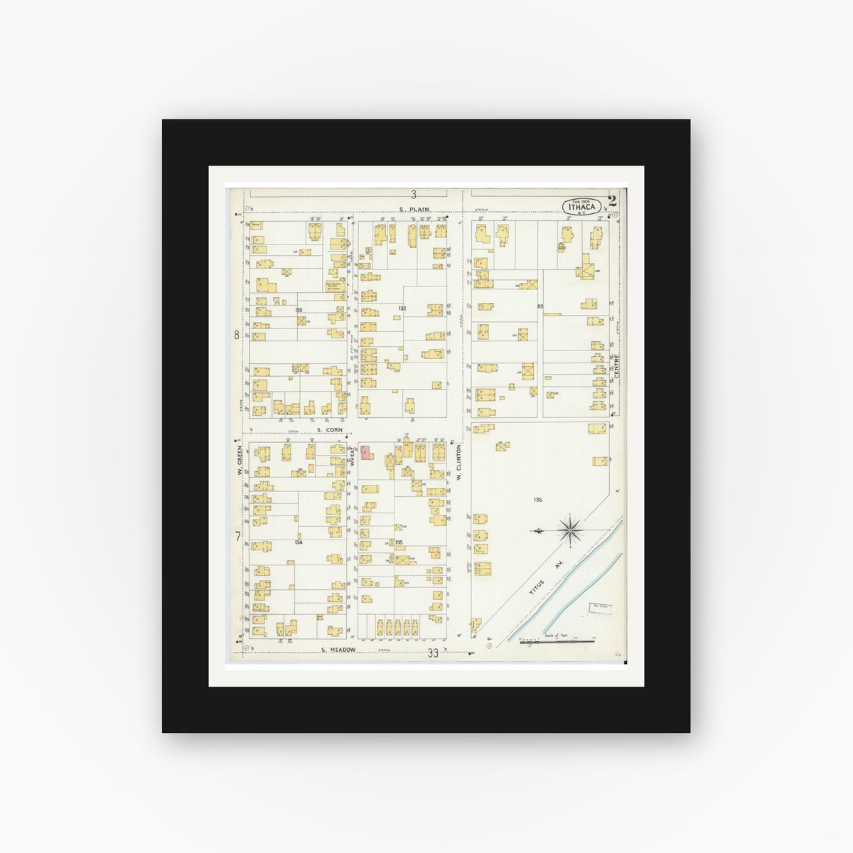 Old map wall art mockup — black gallery frame with white mat — Sanborn Fire Insurance Map from Ithaca, Tompkins County, New York (1904) - Complete Map Set