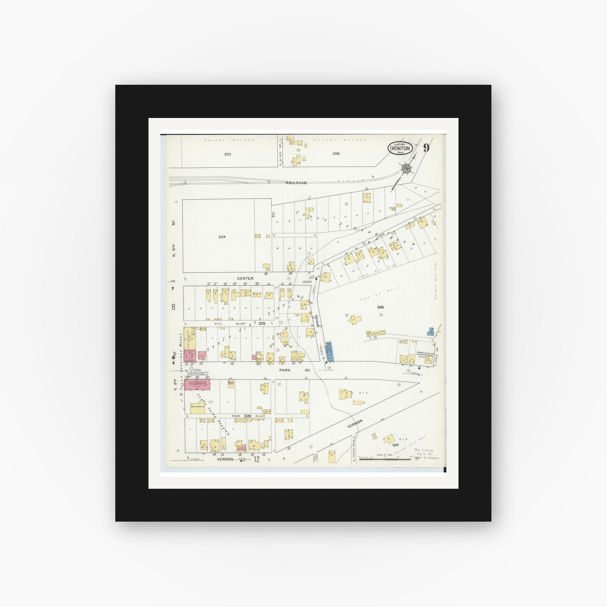 Old map wall art mockup — black gallery frame with white mat — Sanborn Fire Insurance Map from Ironton, Lawrence County, Ohio (1916), Sheet #0009