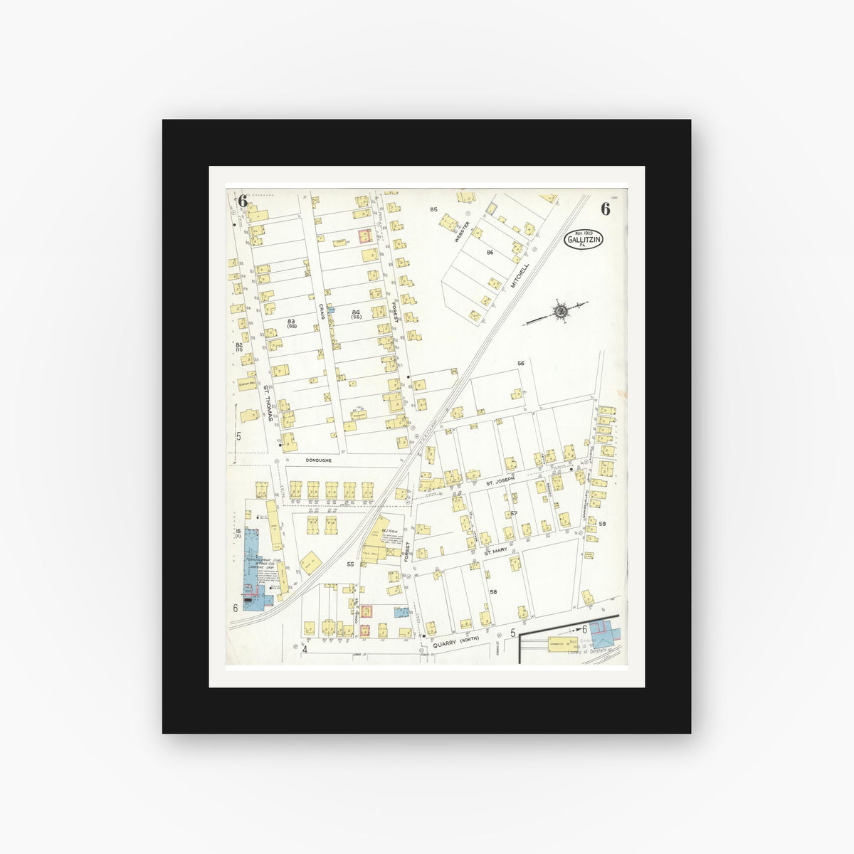 Old map wall art mockup — black gallery frame with white mat — Sanborn Fire Insurance Map from Gallitzin, Cambria County, Pennsylvania (1923), Sheet #0006