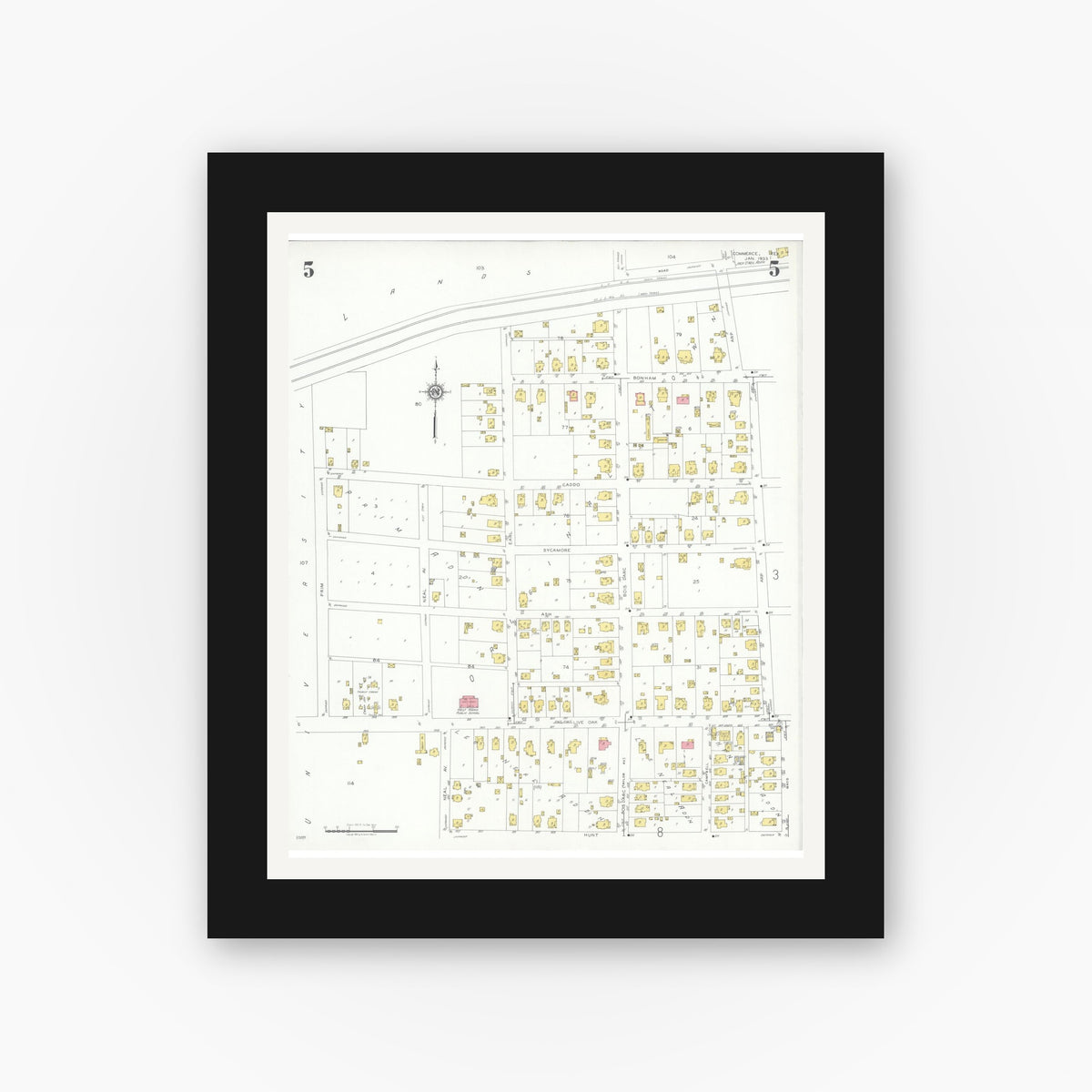 Old map wall art mockup — black gallery frame with white mat — Sanborn Fire Insurance Map from Commerce, Hunt County, Texas (1933), Sheet #0005