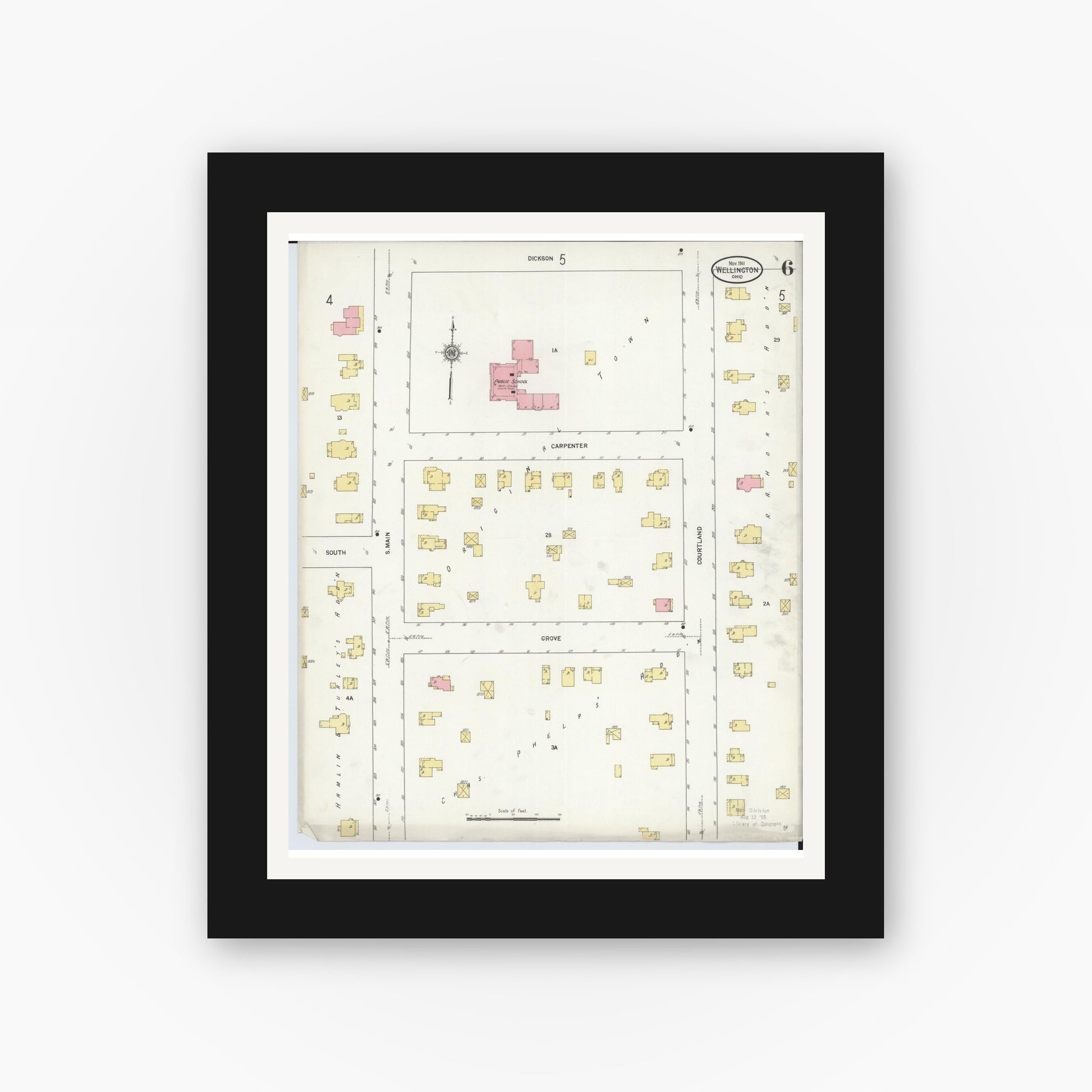 Old map wall art mockup — black gallery frame with white mat — Sanborn Fire Insurance Map from Wellington, Lorain County, Ohio (1911), Sheet #0006