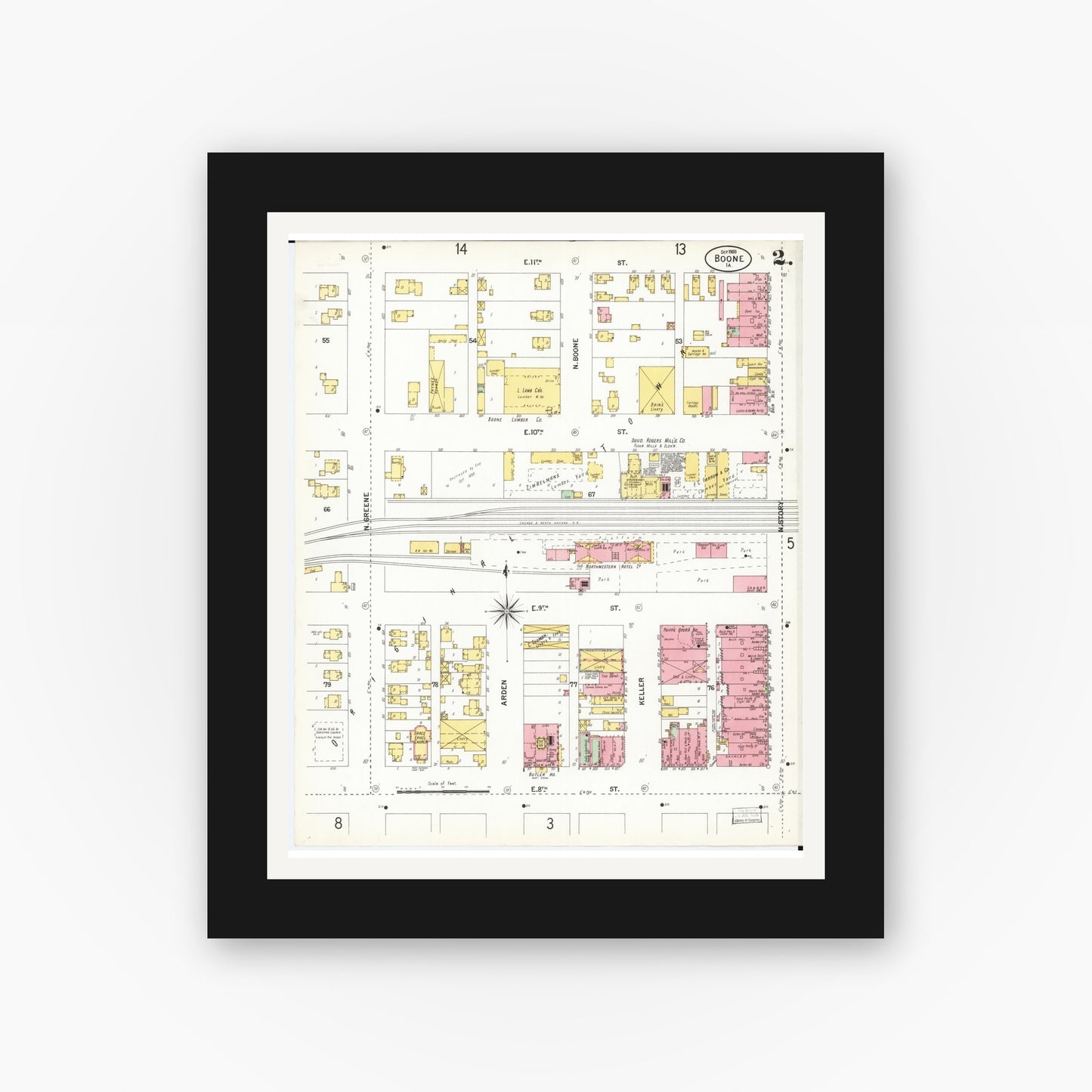 Old map wall art mockup — black gallery frame with white mat — Sanborn Fire Insurance Map from Boone, Boone County, Iowa (1900), Sheet #0002