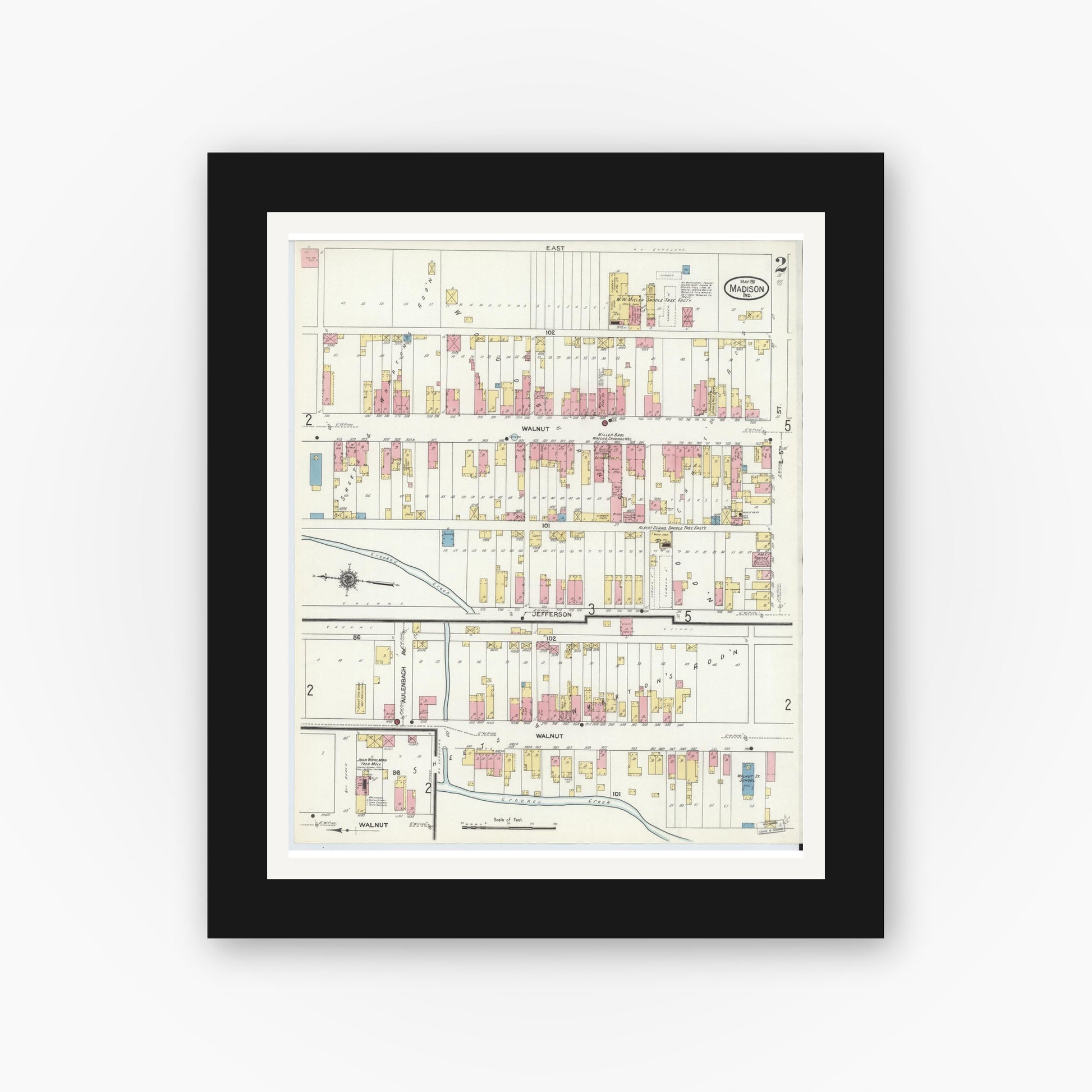 Old map wall art mockup — black gallery frame with white mat — Sanborn Fire Insurance Map from Madison, Jefferson County, Indiana (1911), Sheet #0003