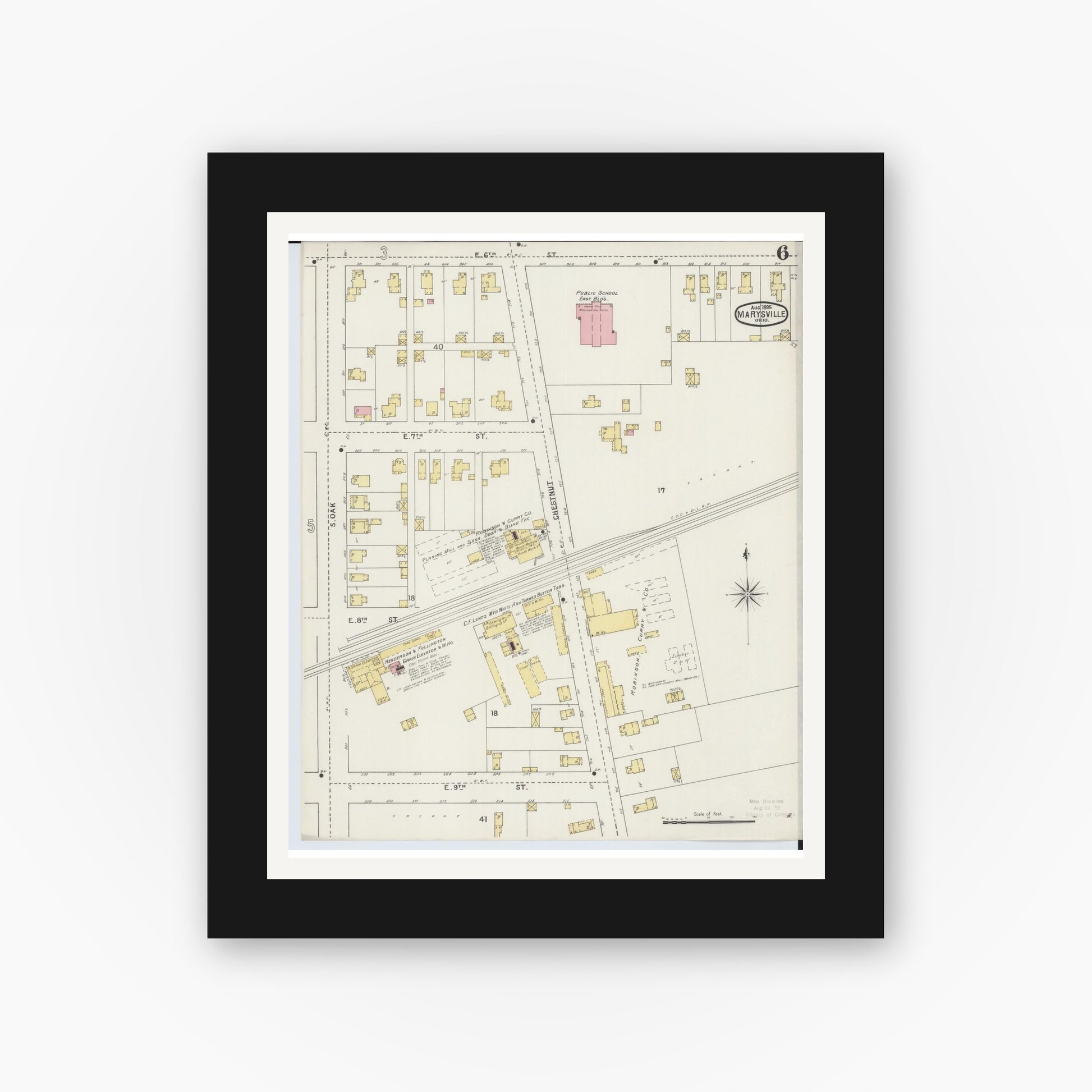 Old map wall art mockup — black gallery frame with white mat — Sanborn Fire Insurance Map from Marysville, Union County, Ohio (1895), Sheet #0006