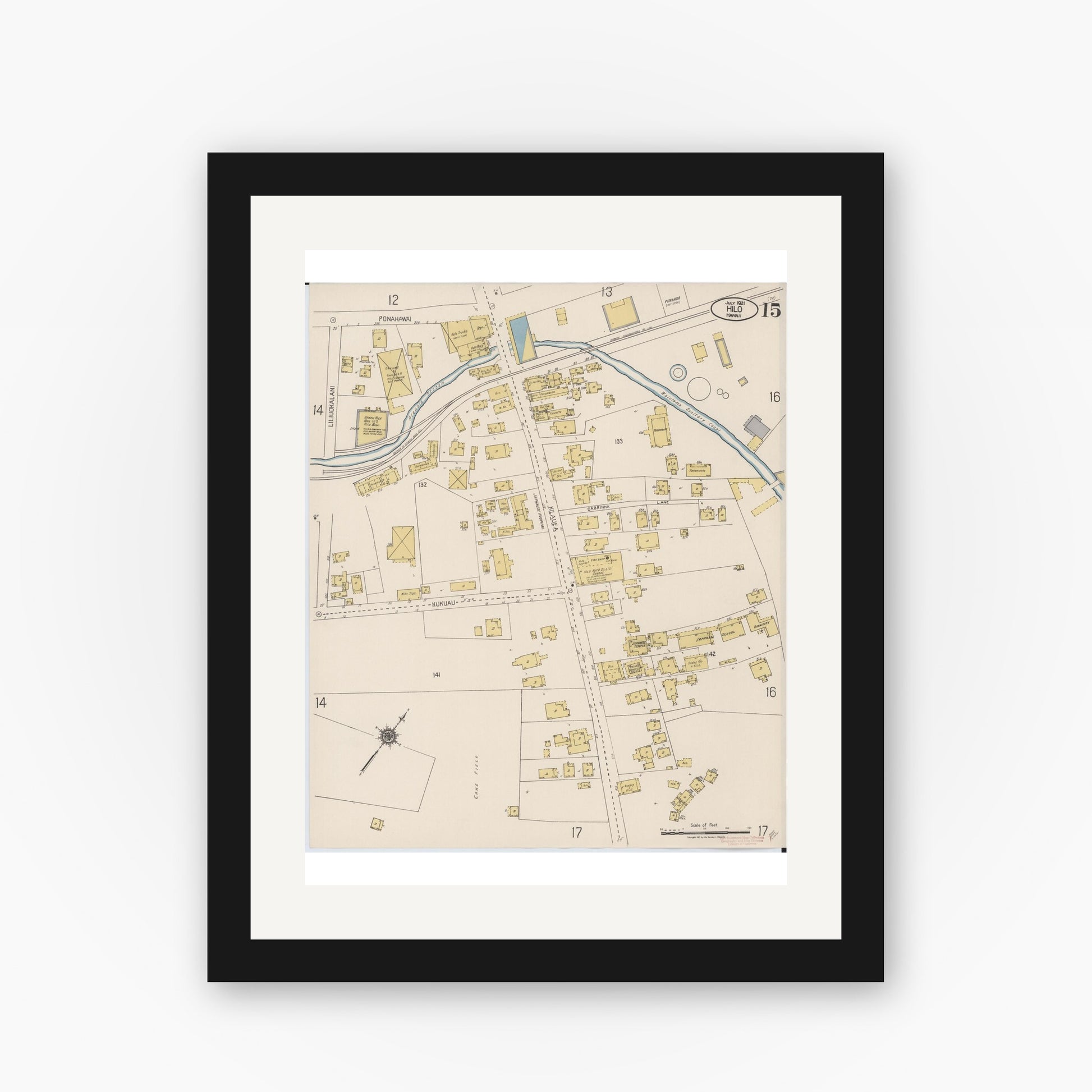Old map wall art mockup — black gallery frame with white mat — Sanborn Fire Insurance Map from Hilo, Hawaii County, Hawaii (1921), Sheet #0015