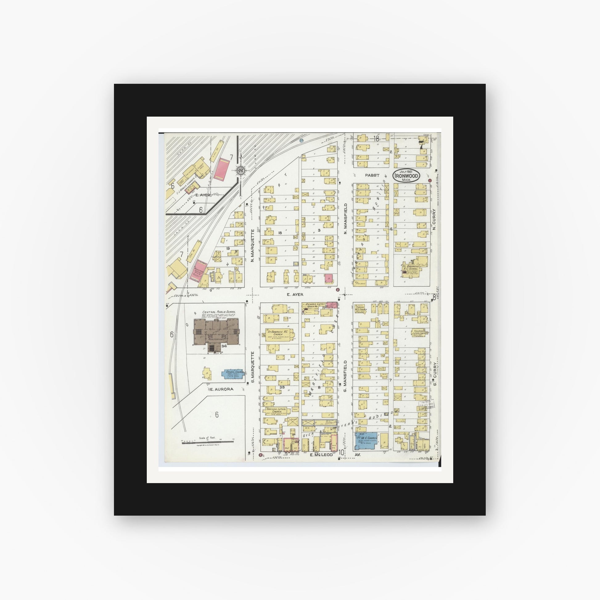 Old map wall art mockup — black gallery frame with white mat — Sanborn Fire Insurance Map from Ironwood, Gogebic County, Michigan (1921), Sheet #0007