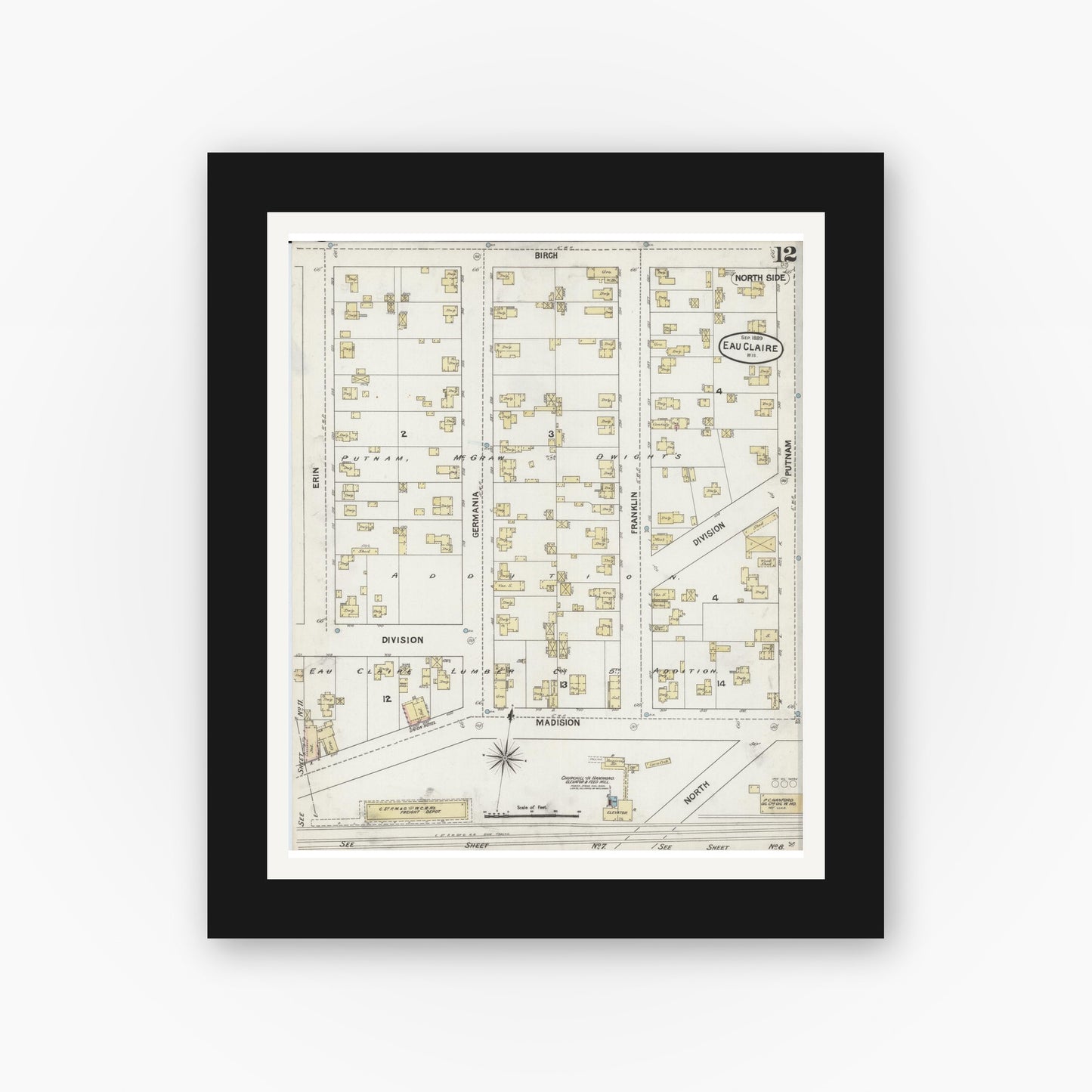 Old map wall art mockup — black gallery frame with white mat — Sanborn Fire Insurance Map from Eau Claire, Eau Claire County, Wisconsin (1889), Sheet #0012