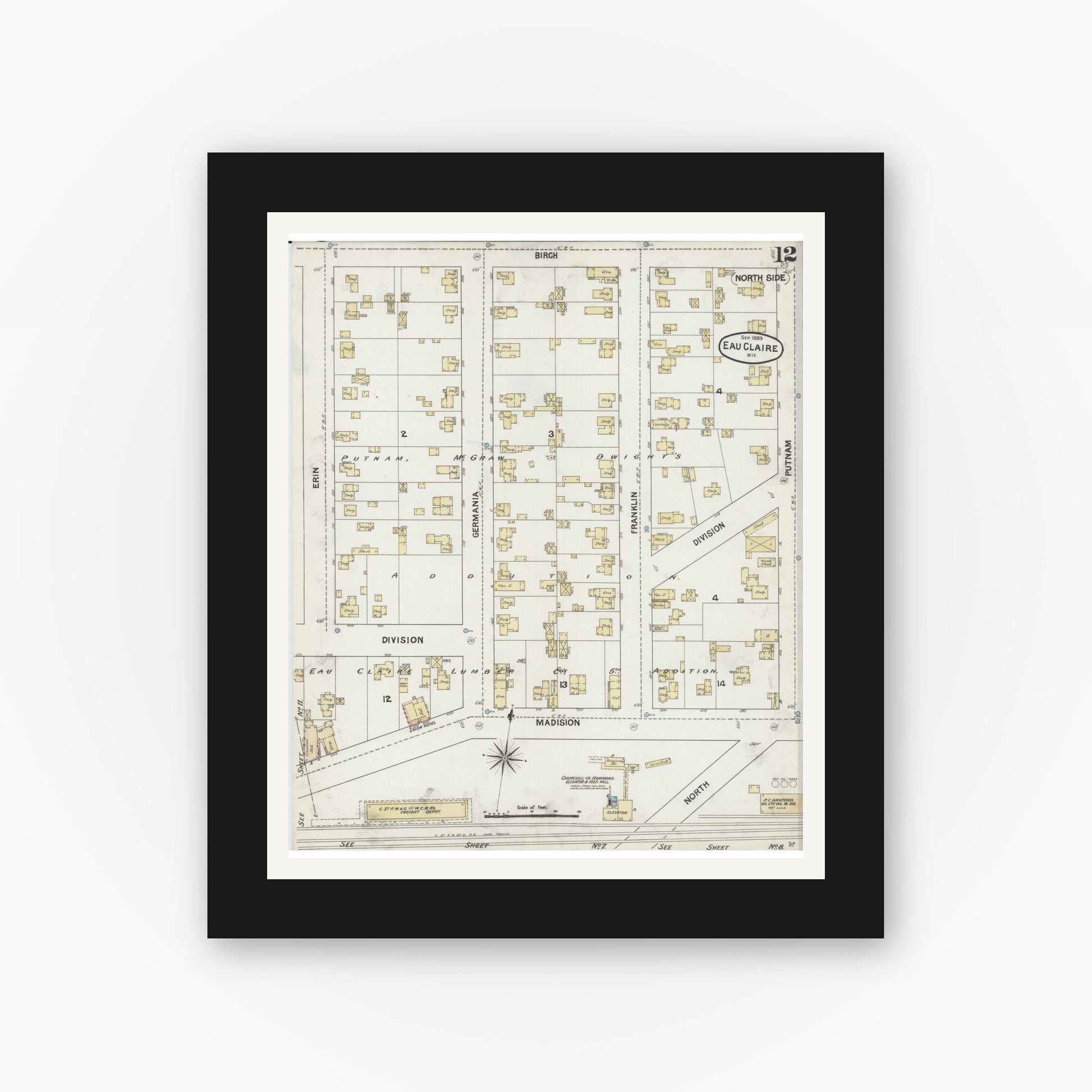 Old map wall art mockup — black gallery frame with white mat — Sanborn Fire Insurance Map from Eau Claire, Eau Claire County, Wisconsin (1889), Sheet #0012