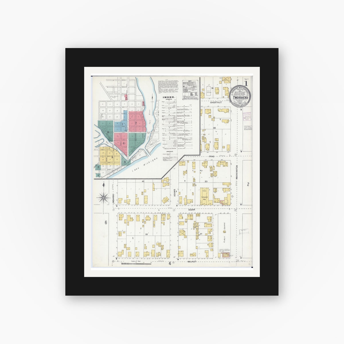 Old map wall art mockup — black gallery frame with white mat — Sanborn Fire Insurance Map from Two Rivers, Manitowoc County, Wisconsin (1904) - Complete Map Set