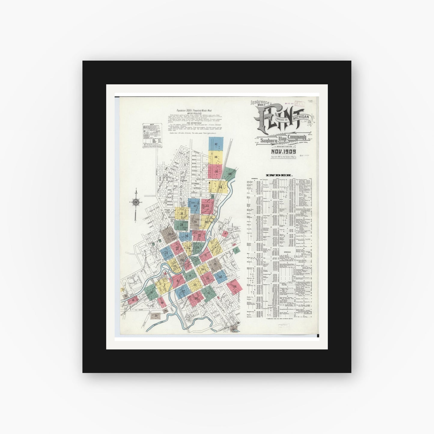 Old map wall art mockup — black gallery frame with white mat — Sanborn Fire Insurance Map from Flint, Genesee County, Michigan (1909) - Complete Map Set
