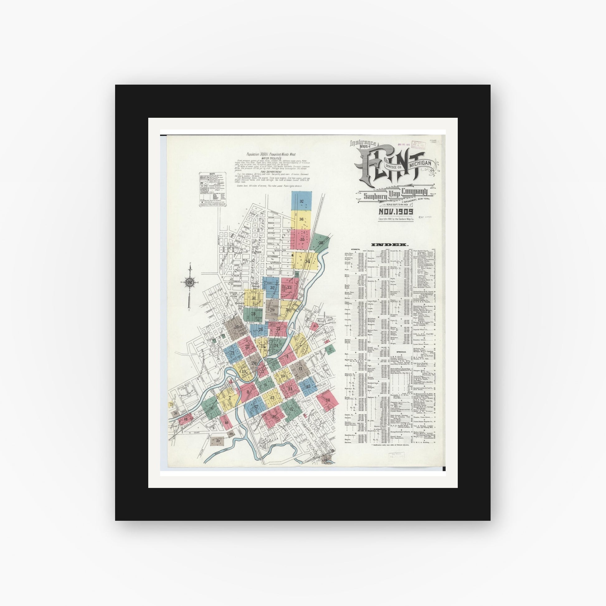 Old map wall art mockup — black gallery frame with white mat — Sanborn Fire Insurance Map from Flint, Genesee County, Michigan (1909) - Complete Map Set