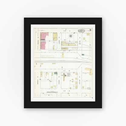 Old map wall art mockup — black gallery frame with white mat — Sanborn Fire Insurance Map from Hubbard, Hill County, Texas (1909), Sheet #0003