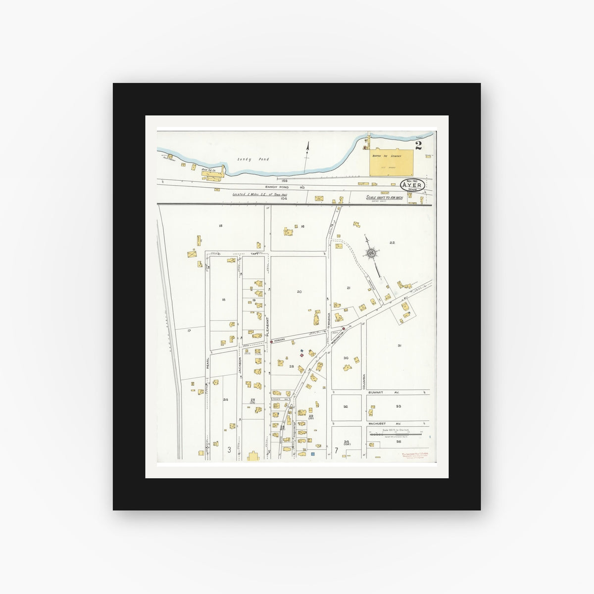 Old map wall art mockup — black gallery frame with white mat — Sanborn Fire Insurance Map from Ayer, Middlesex County, Massachusetts (1921), Sheet #0002