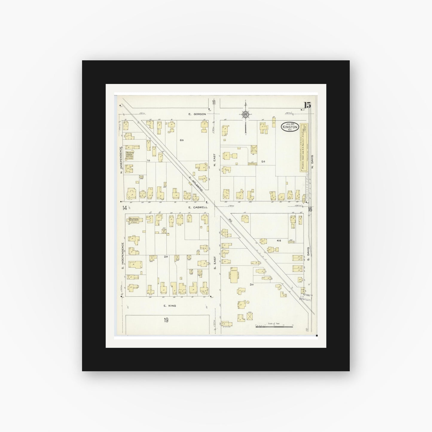 Old map wall art mockup — black gallery frame with white mat — Sanborn Fire Insurance Map from Kinston, Lenoir County, North Carolina (1914), Sheet #0015