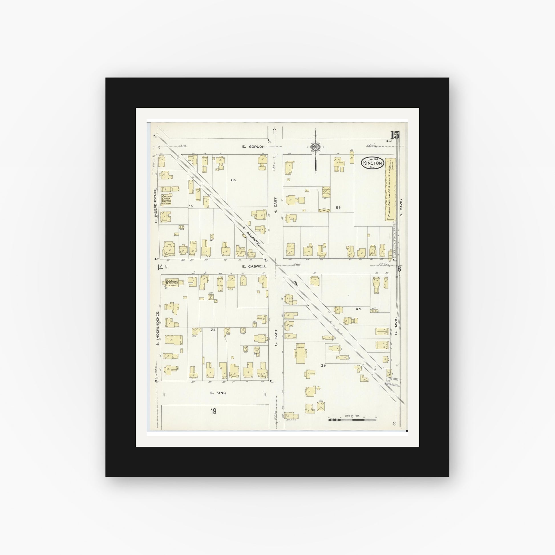 Old map wall art mockup — black gallery frame with white mat — Sanborn Fire Insurance Map from Kinston, Lenoir County, North Carolina (1914), Sheet #0015