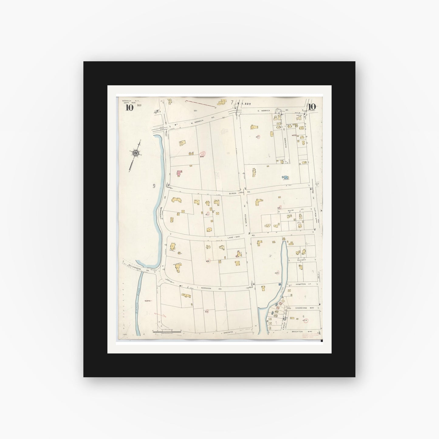 Old map wall art mockup — black gallery frame with white mat — Sanborn Fire Insurance Map from Merrick, Nassau County, New York (1947), Sheet #0010