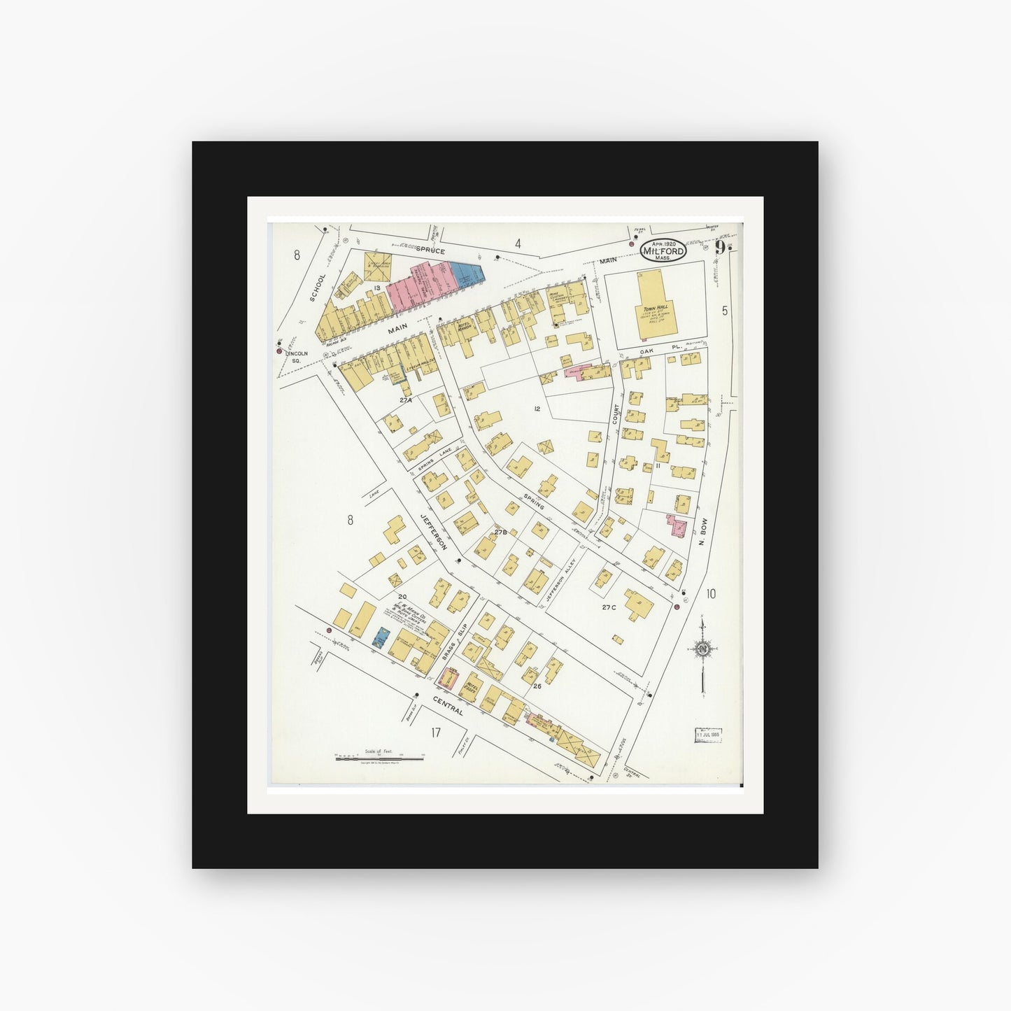 Old map wall art mockup — black gallery frame with white mat — Sanborn Fire Insurance Map from Milford, Worcester County, Massachusetts (1920), Sheet #0009