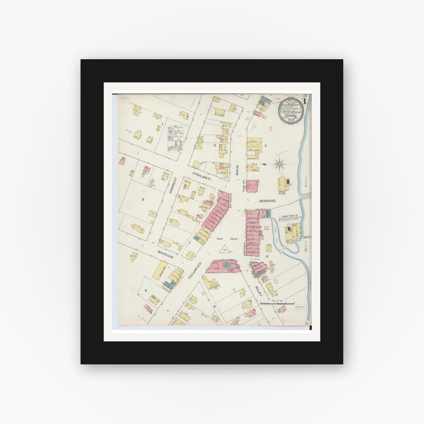 Old map wall art mockup — black gallery frame with white mat — Sanborn Fire Insurance Map from Dundee, Monroe County, Michigan (1893) - Complete Map Set