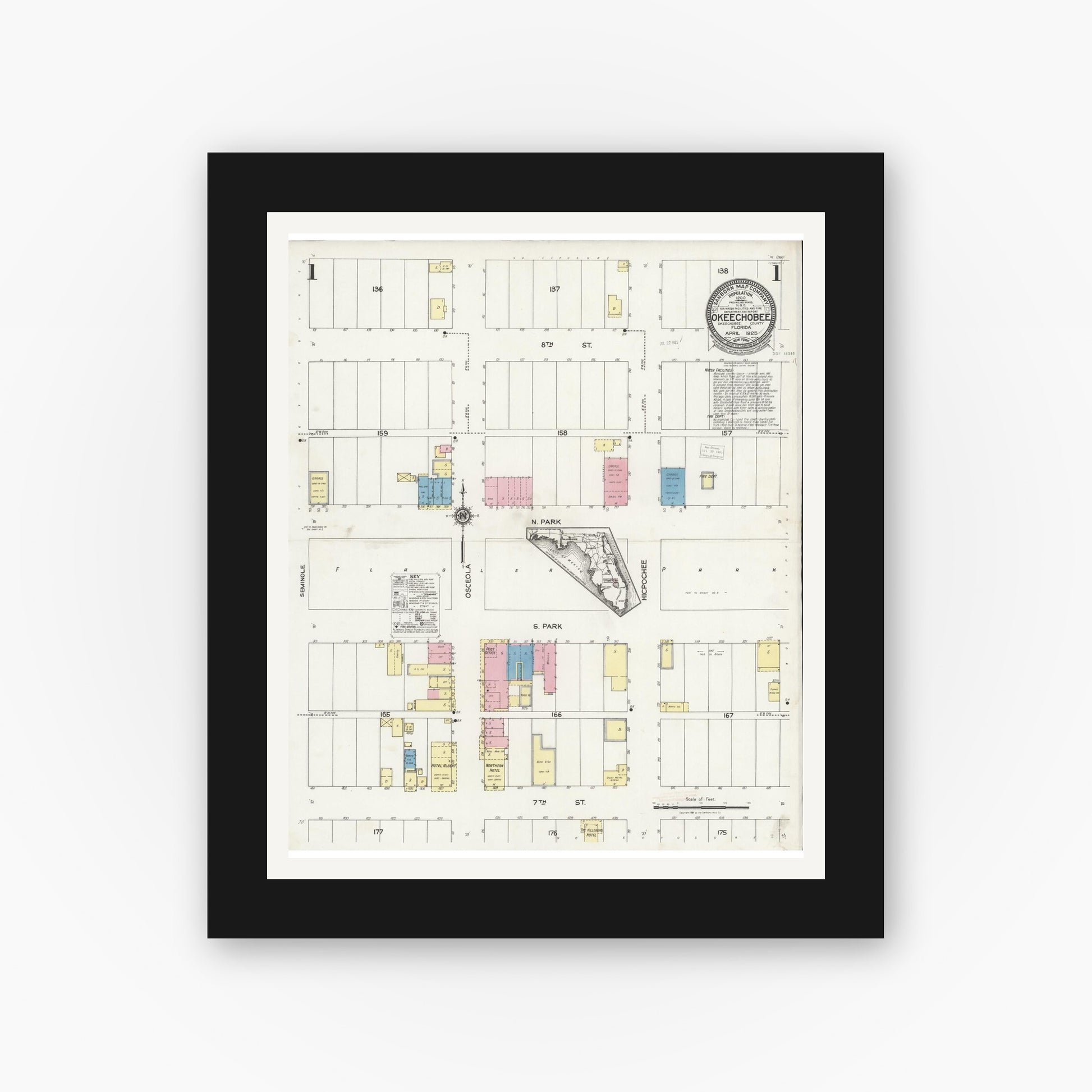 Old map wall art mockup — black gallery frame with white mat — Sanborn Fire Insurance Map from Okeechobee, Okeechobee County, Florida (1925) - Complete Map Set