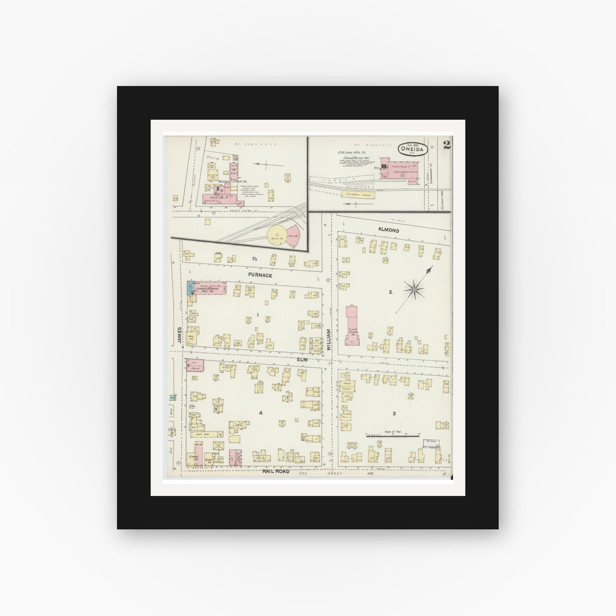 Old map wall art mockup — black gallery frame with white mat — Sanborn Fire Insurance Map from Oneida, Madison County, New York (1890) - Complete Map Set