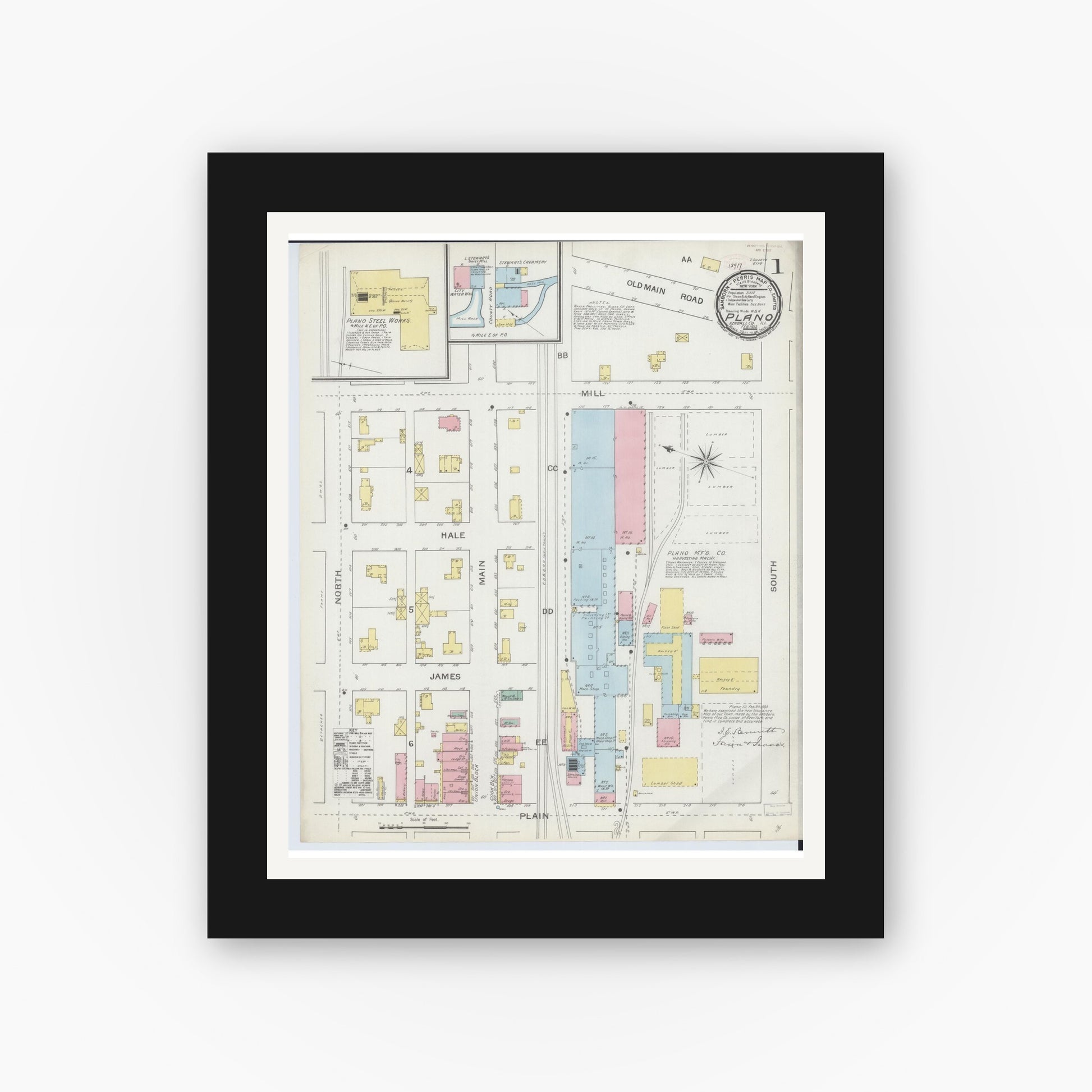 Old map wall art mockup — black gallery frame with white mat — Sanborn Fire Insurance Map from Plano, Kendall County, Illinois (1893) - Complete Map Set