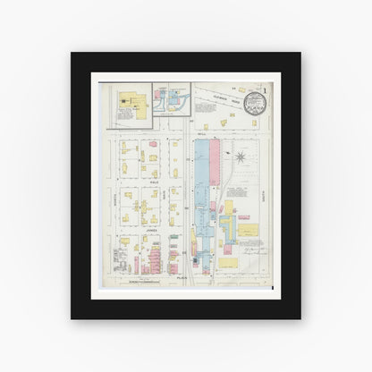 Old map wall art mockup — black gallery frame with white mat — Sanborn Fire Insurance Map from Plano, Kendall County, Illinois (1893) - Complete Map Set