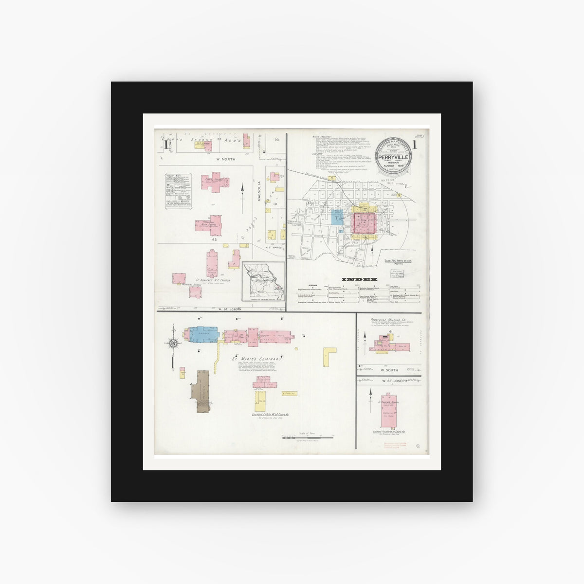 Old map wall art mockup — black gallery frame with white mat — Sanborn Fire Insurance Map from Perryville, Perry County, Missouri (1928) - Complete Map Set
