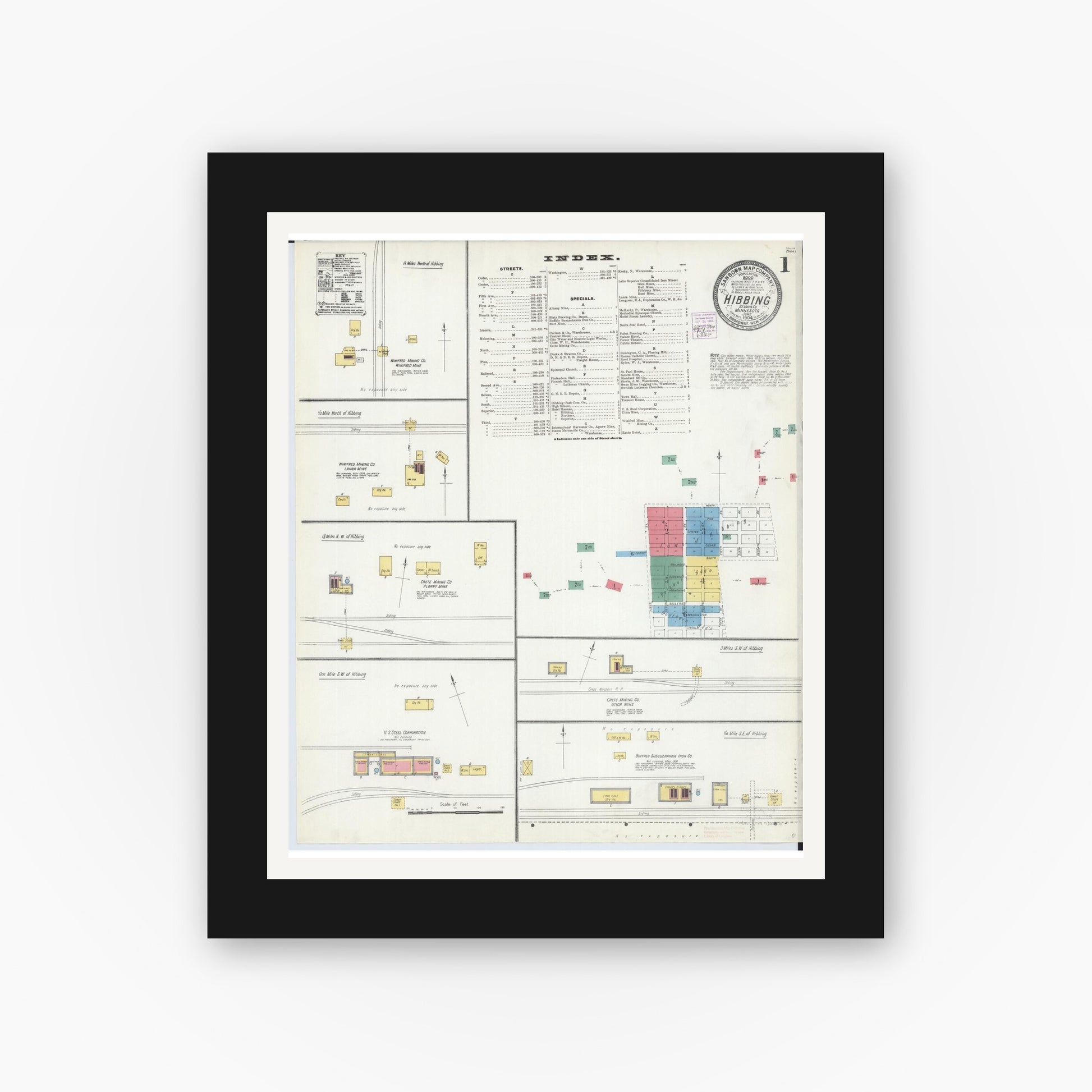 Old map wall art mockup — black gallery frame with white mat — Sanborn Fire Insurance Map from Hibbing, Saint Louis County, Minnesota (1904) - Complete Map Set