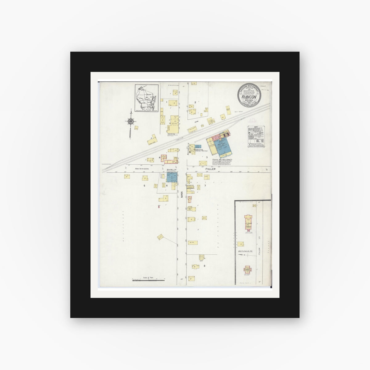 Old map wall art mockup — black gallery frame with white mat — Sanborn Fire Insurance Map from Rubicon, Dodge County, Wisconsin (1912), Sheet #0001
