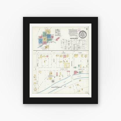 Old map wall art mockup — black gallery frame with white mat — Sanborn Fire Insurance Map from Delphi, Carroll County, Indiana (1906), Sheet #0001