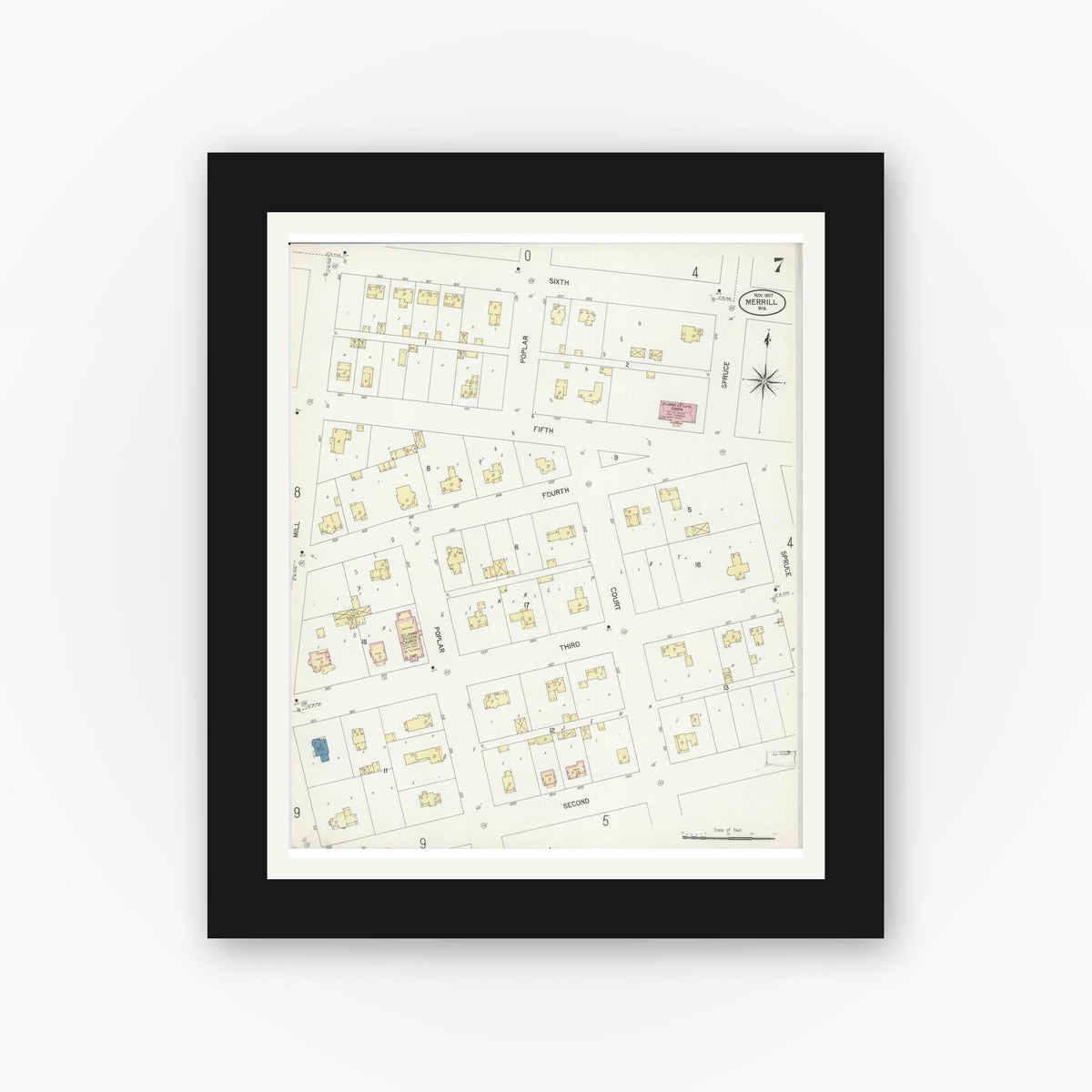 Old map wall art mockup — black gallery frame with white mat — Sanborn Fire Insurance Map from Merrill, Lincoln County, Wisconsin (1907), Sheet #0007