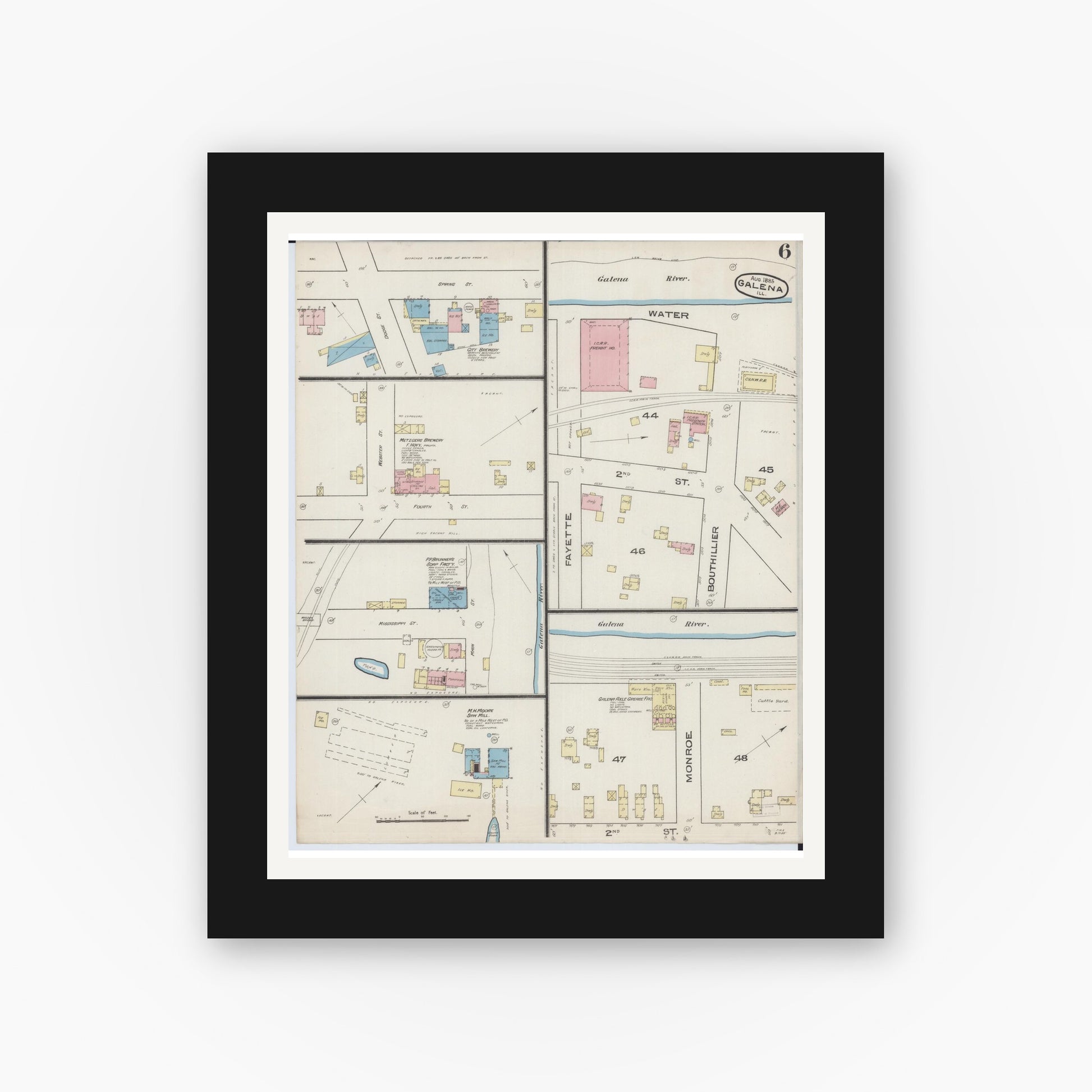 Old map wall art mockup — black gallery frame with white mat — Sanborn Fire Insurance Map from Galena, Jo Daviess County, Illinois (1885), Sheet #0006