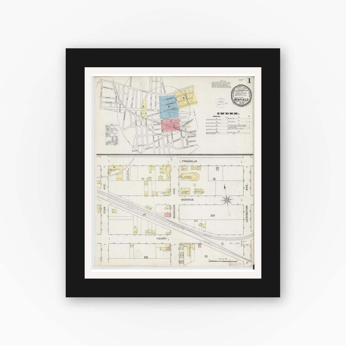 Old map wall art mockup — black gallery frame with white mat — Sanborn Fire Insurance Map from Winfield, Queens County, New York (1893), Sheet #0001
