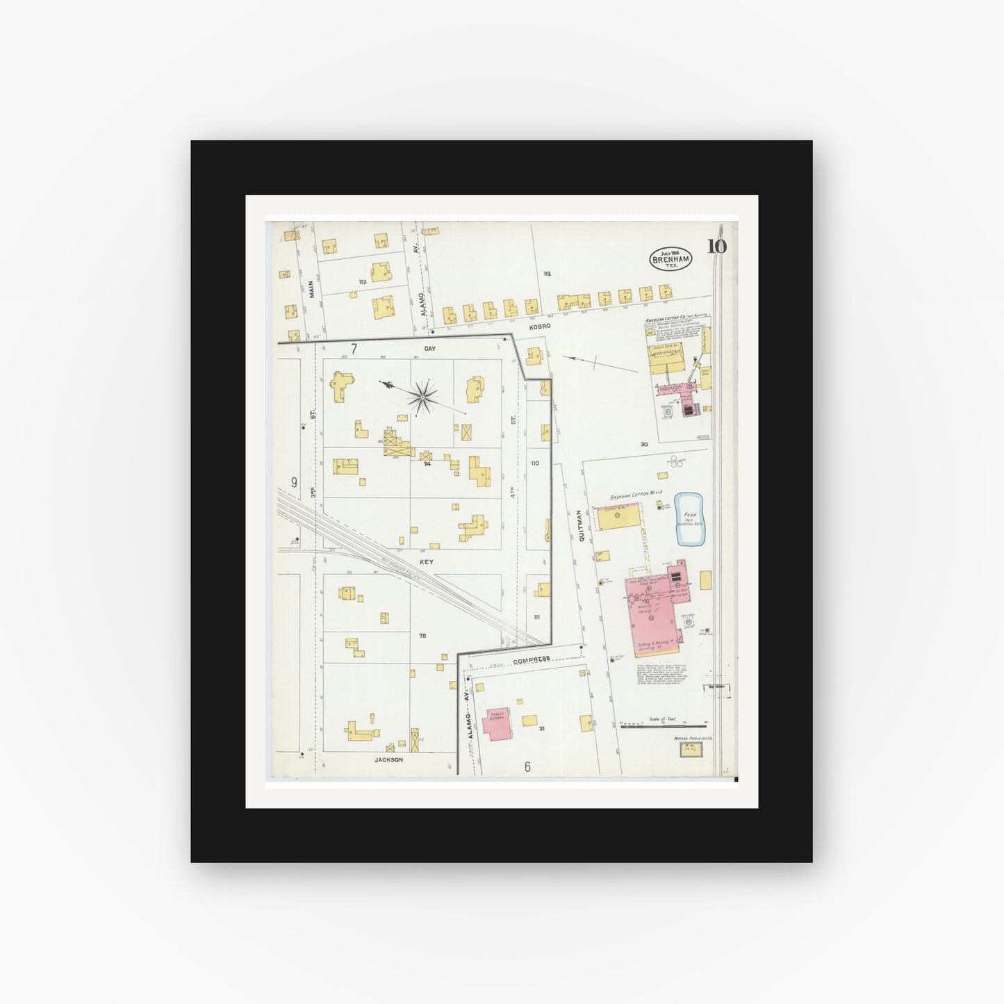 Old map wall art mockup — black gallery frame with white mat — Sanborn Fire Insurance Map from Brenham, Washington County, Texas (1906), Sheet #0010