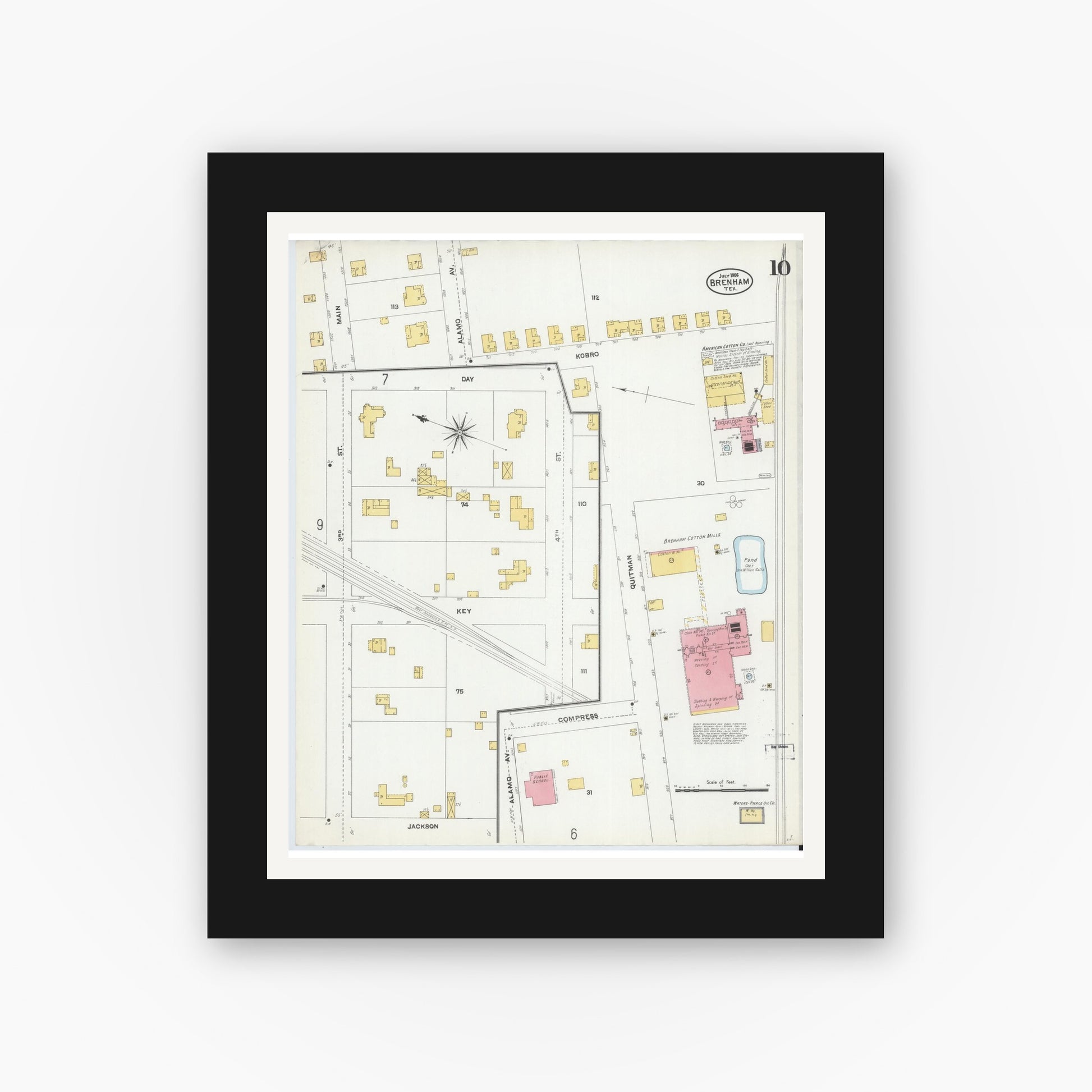 Old map wall art mockup — black gallery frame with white mat — Sanborn Fire Insurance Map from Brenham, Washington County, Texas (1906), Sheet #0010